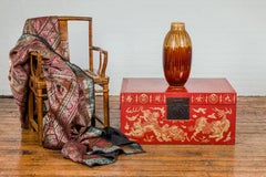 Vintage Red Lacquer Blanket Chest with Gilded Bat, Guardian Lion, Cloud Motifs