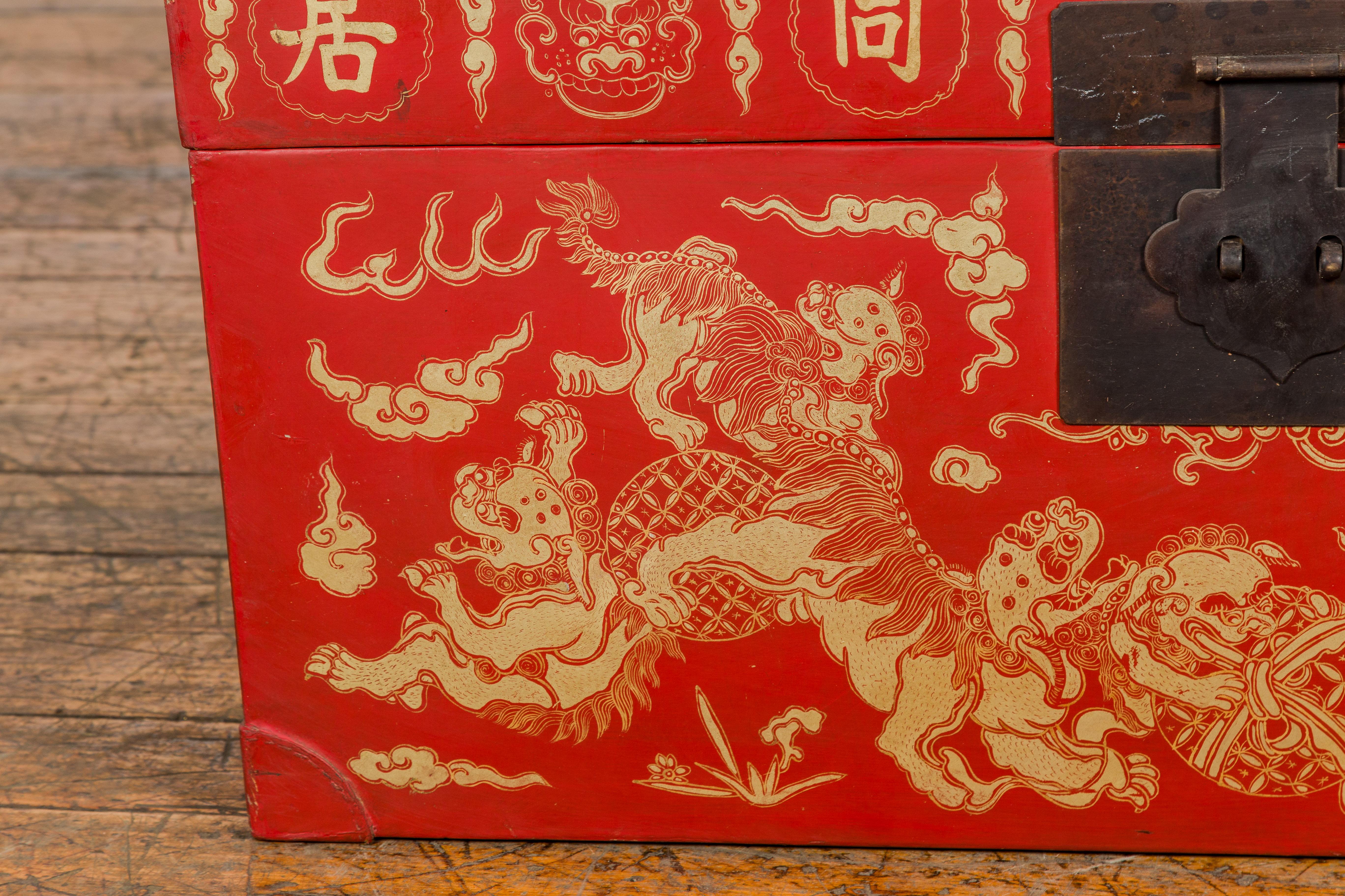 20th Century Vintage Red Lacquer Blanket Chest with Gilded Bat, Guardian Lion, Cloud Motifs For Sale