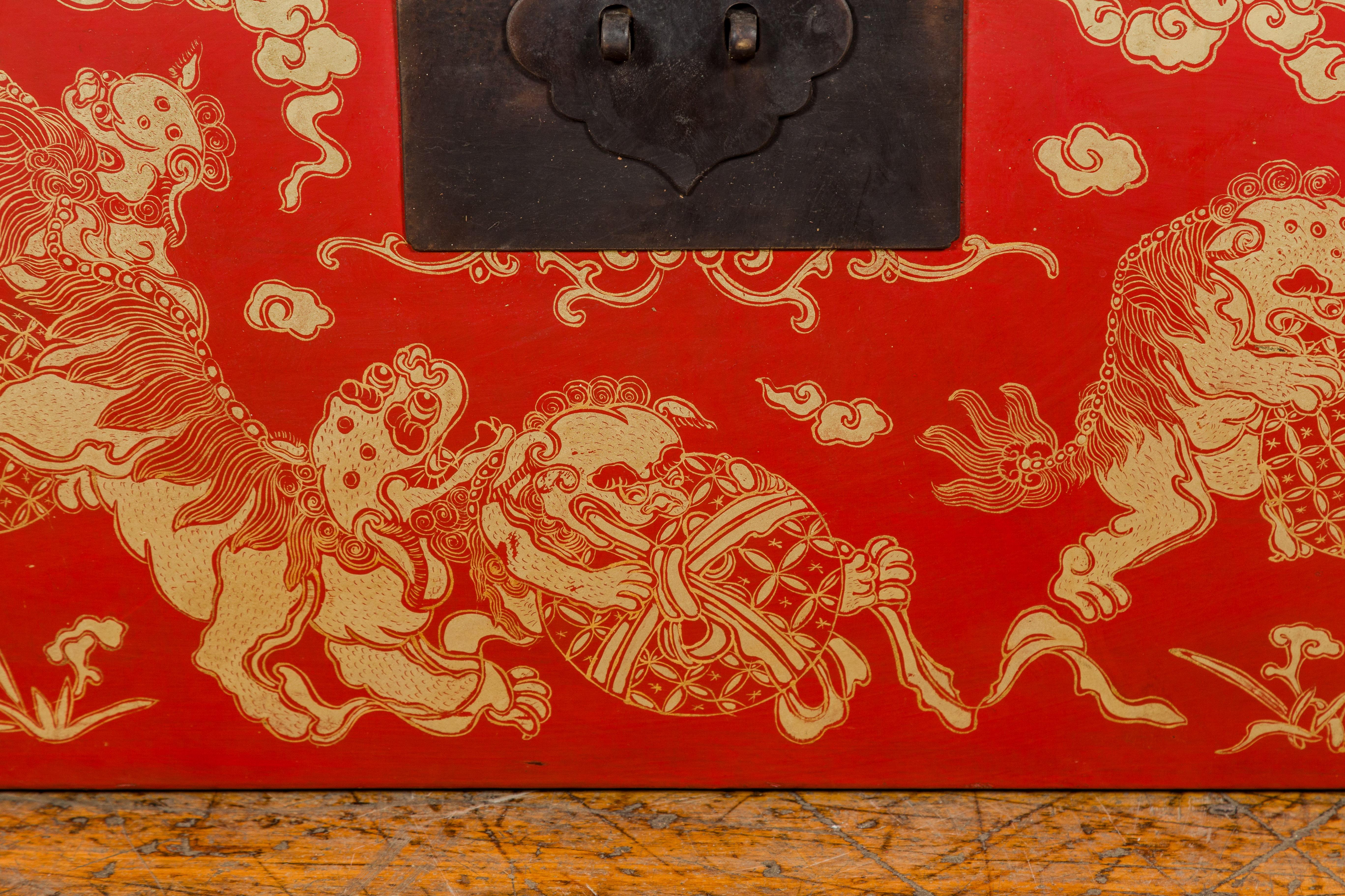 Wood Vintage Red Lacquer Blanket Chest with Gilded Bat, Guardian Lion, Cloud Motifs For Sale