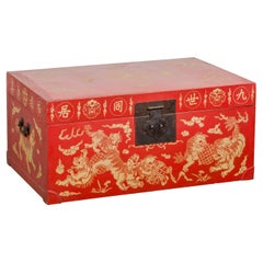 Retro Red Lacquer Blanket Chest with Gilded Bat, Guardian Lion, Cloud Motifs