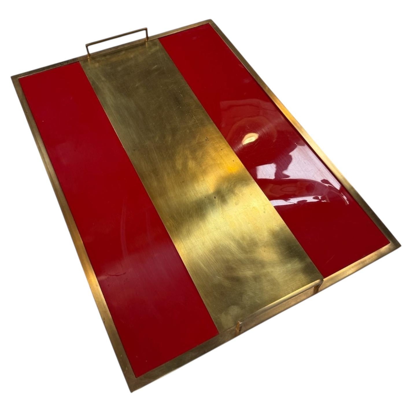 Ferdinando Loffredo Red Lacquer & Brass Serving Tray with Handle For Sale