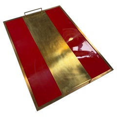 Vintage Red Lacquer & Brass Serving Tray with Handle
