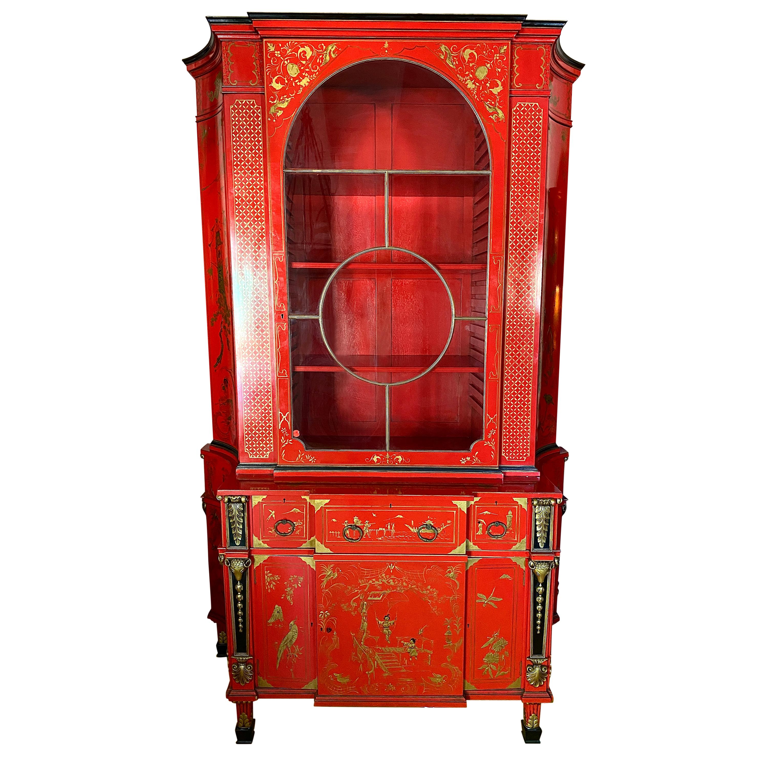 Vintage Red Lacquer Chinoiserie Cabinet For Sale
