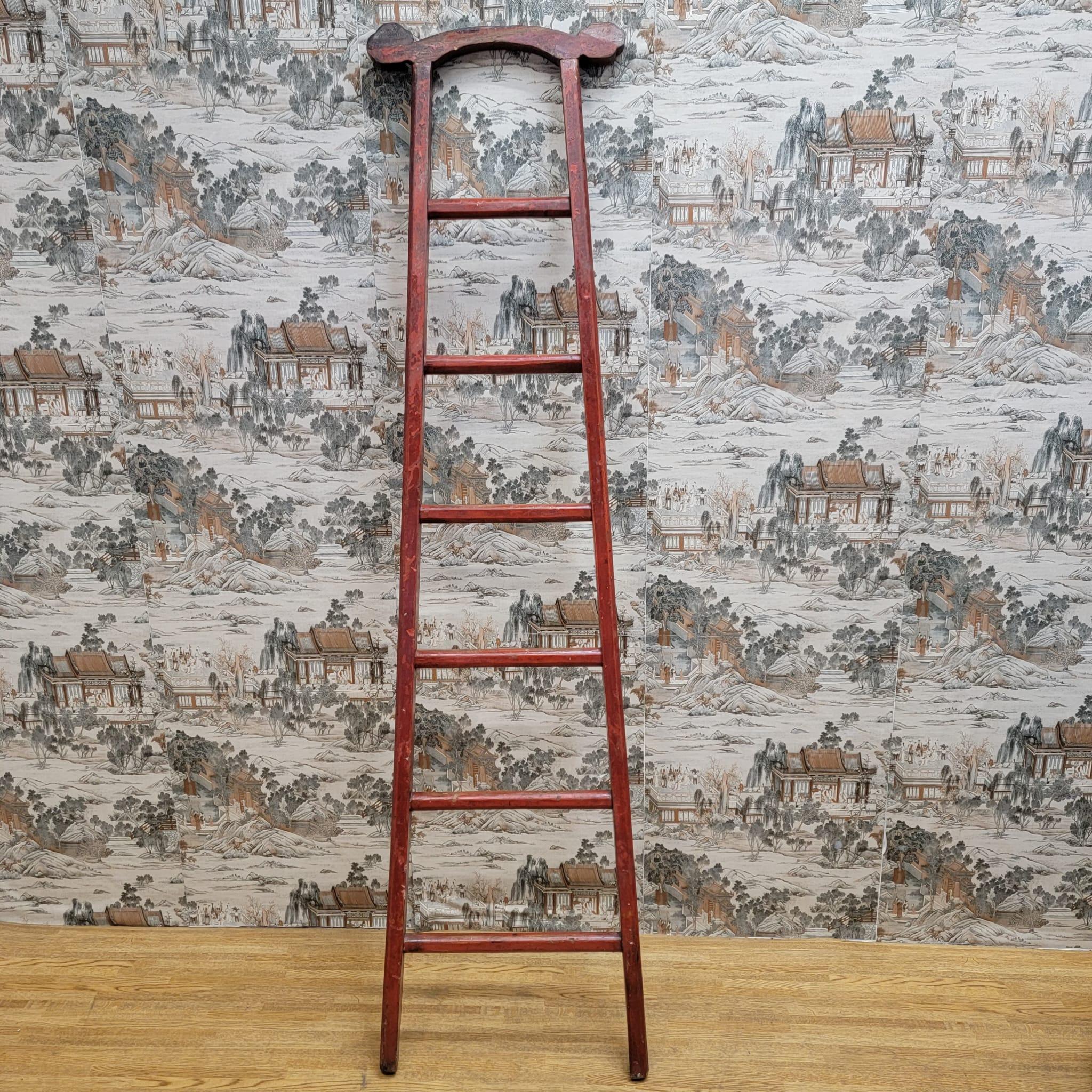 Vintage Chinese Red Lacquer Elm Decorative Ladder	 For Sale 2