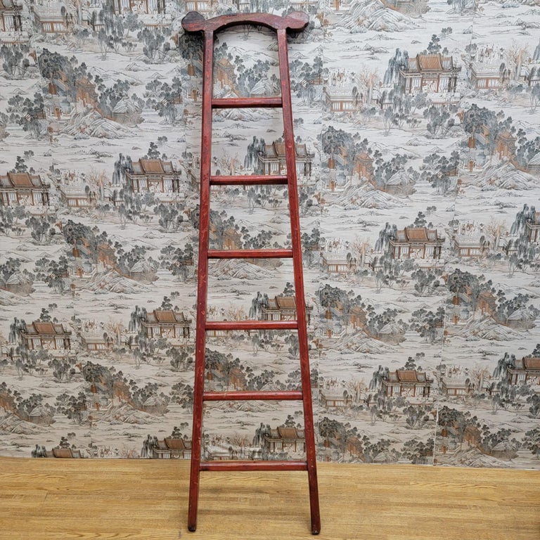 Vintage Red Lacquer Elm Decorative Ladder For Sale at 1stDibs