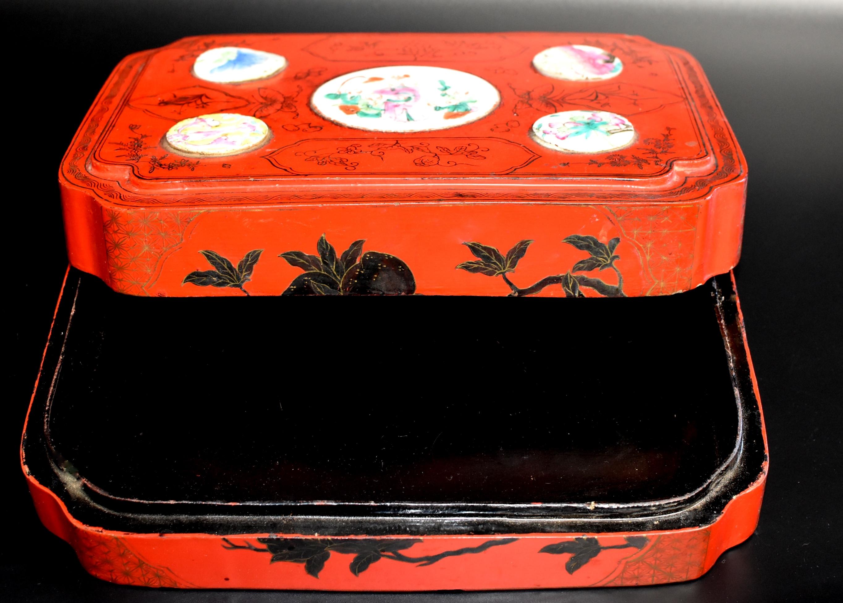 Vintage Red Lacquered Chinese Box with Antique Porcelains 9