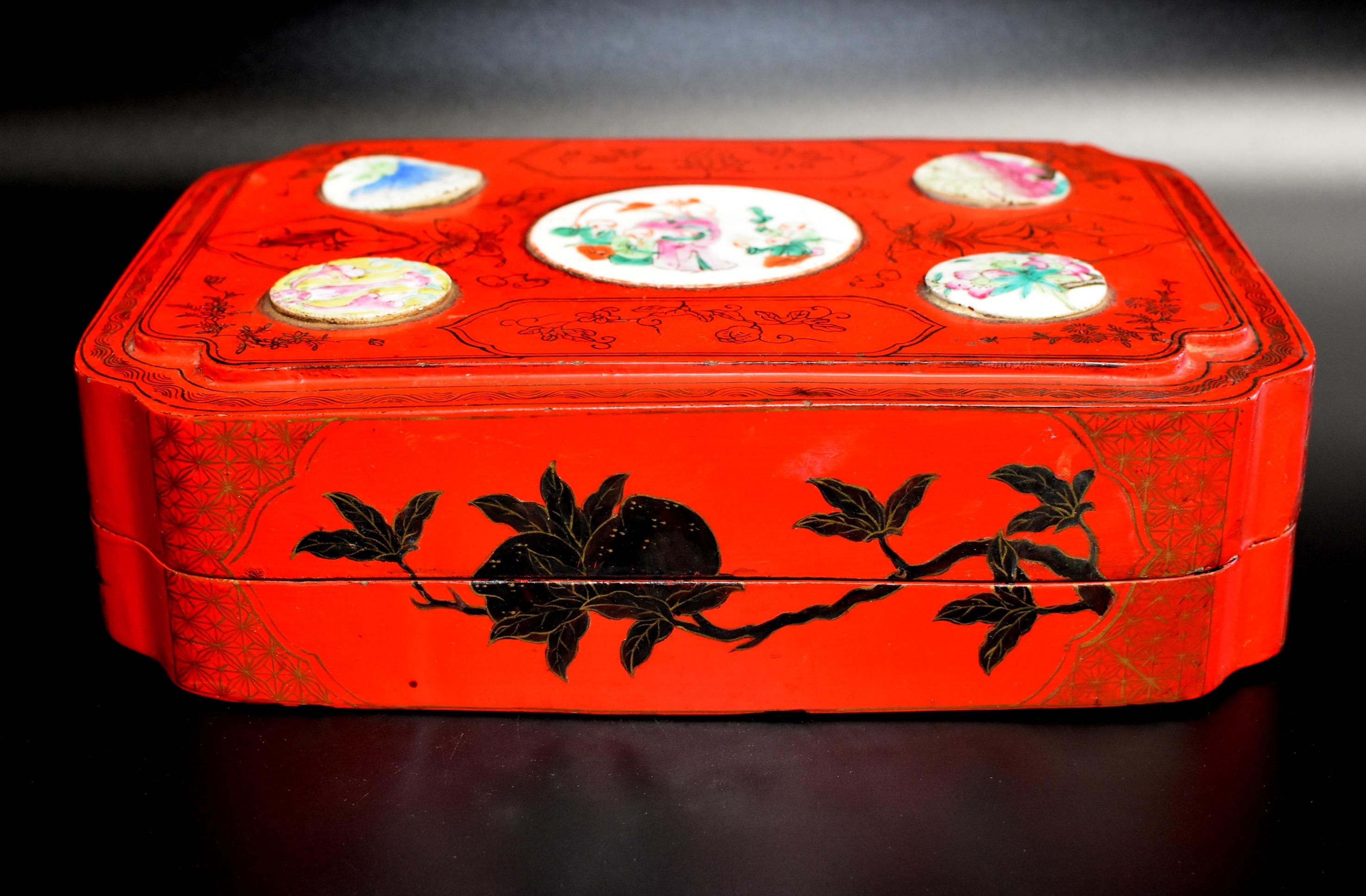 Vintage Red Lacquered Chinese Box with Antique Porcelains 2