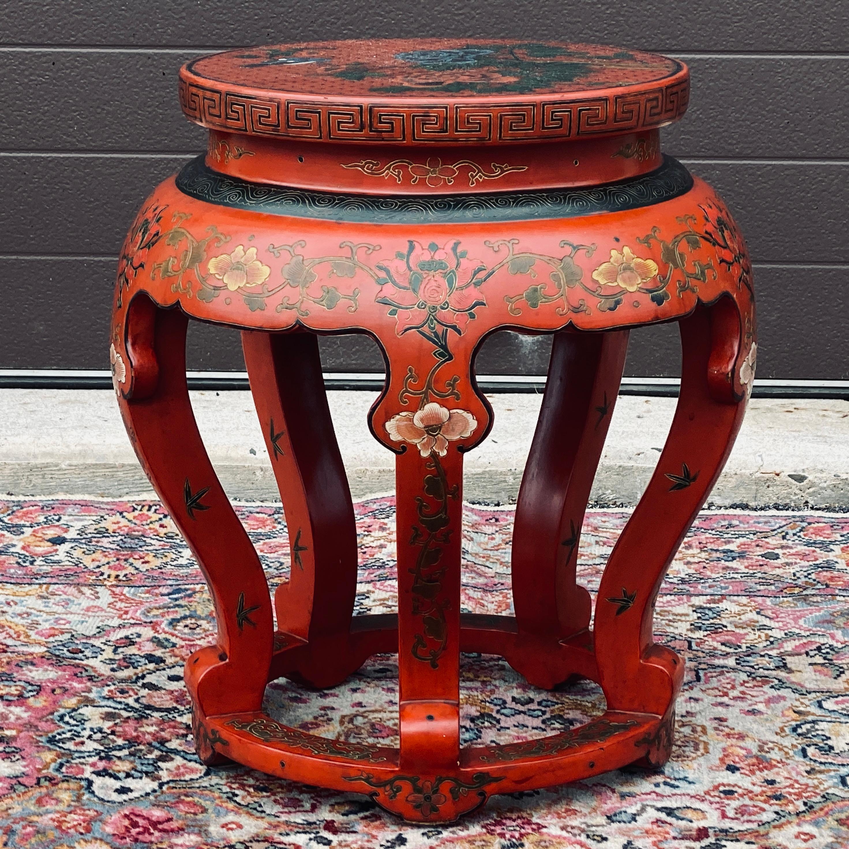 Vintage Red Lacquered Chinese Stool or Side Table 13