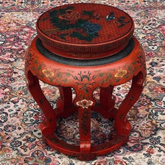 Vintage Red Lacquered Chinese Stool or Side Table