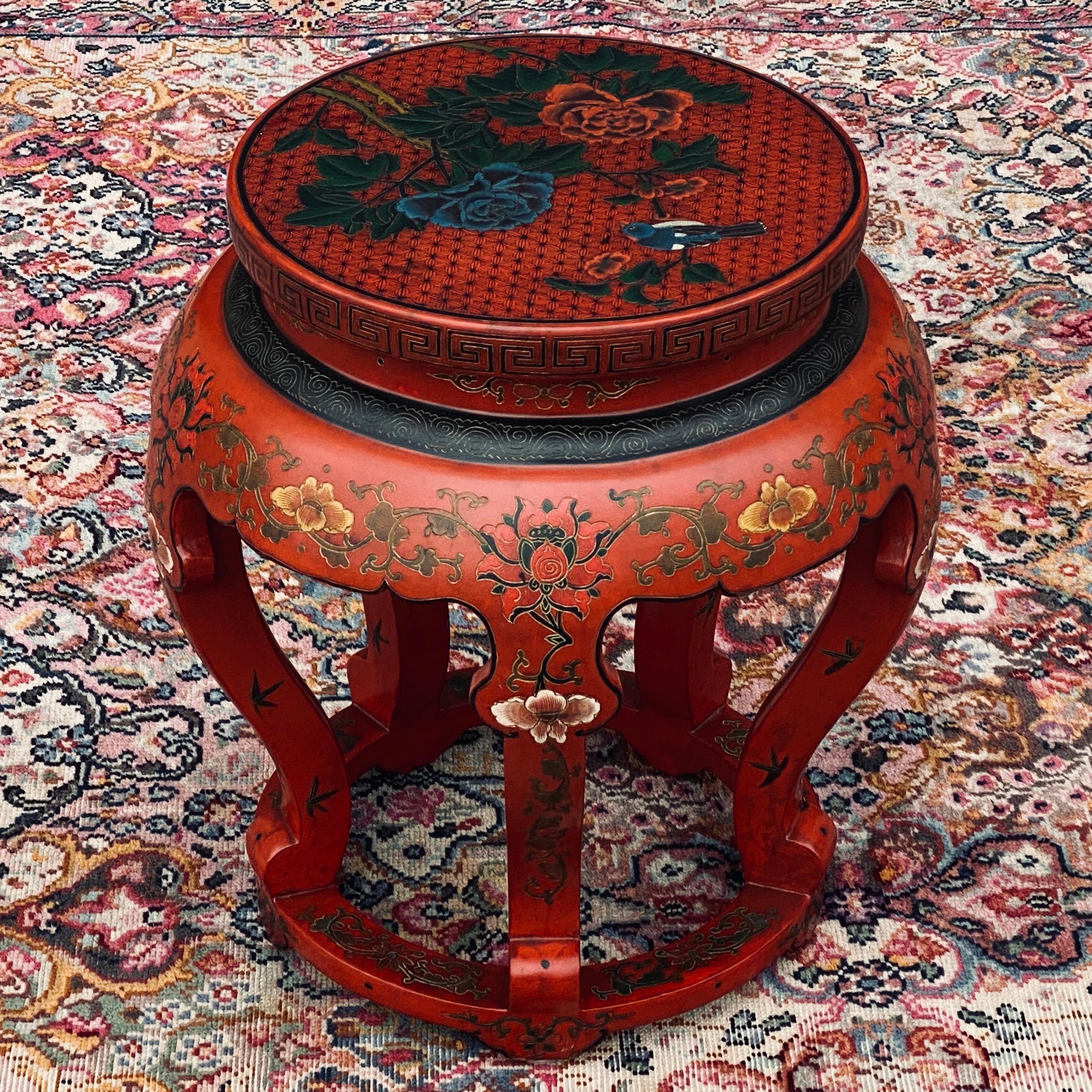 Chinoiserie Vintage Red Lacquered Chinese Stool or Side Table