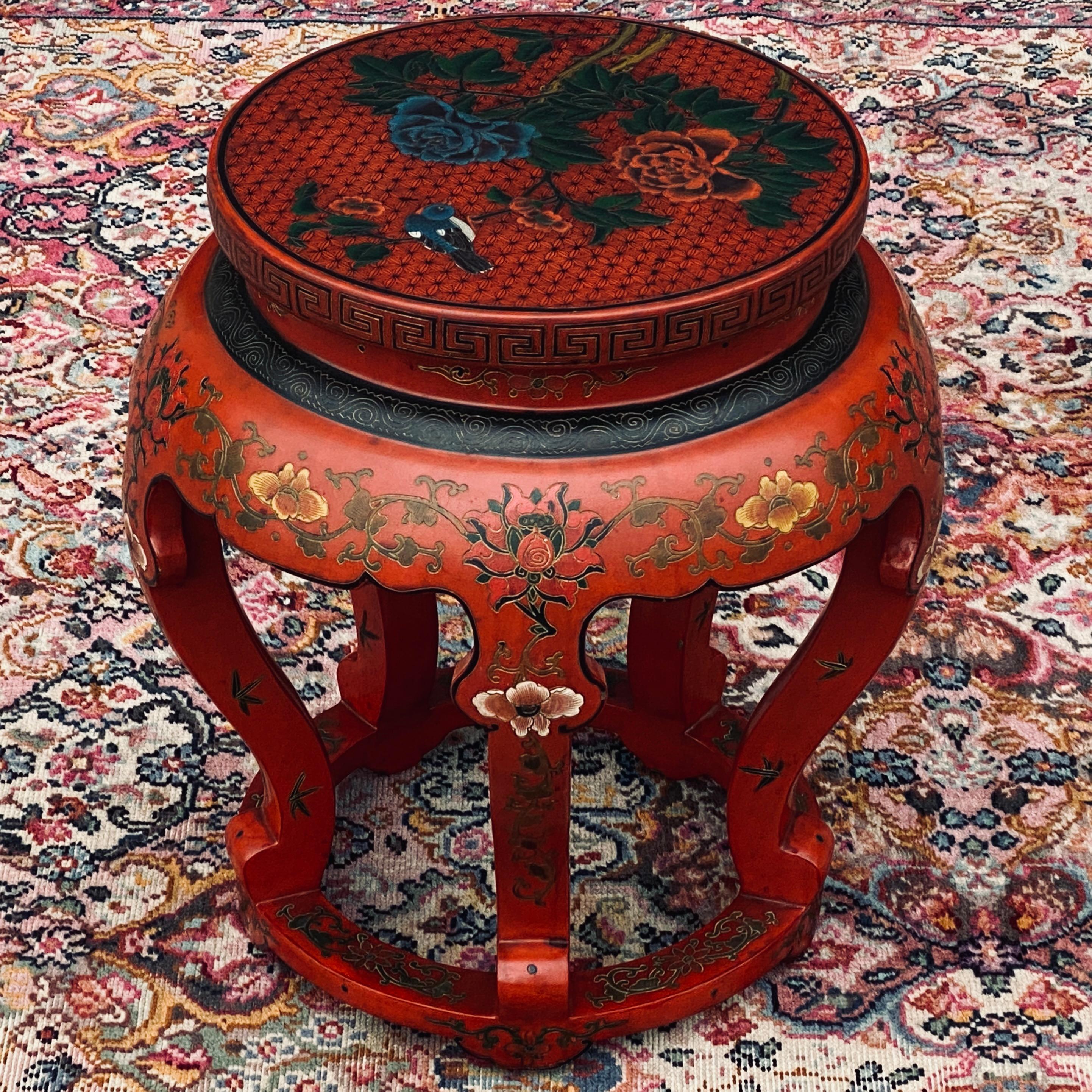 Vintage Red Lacquered Chinese Stool or Side Table In Good Condition In West Chester, PA
