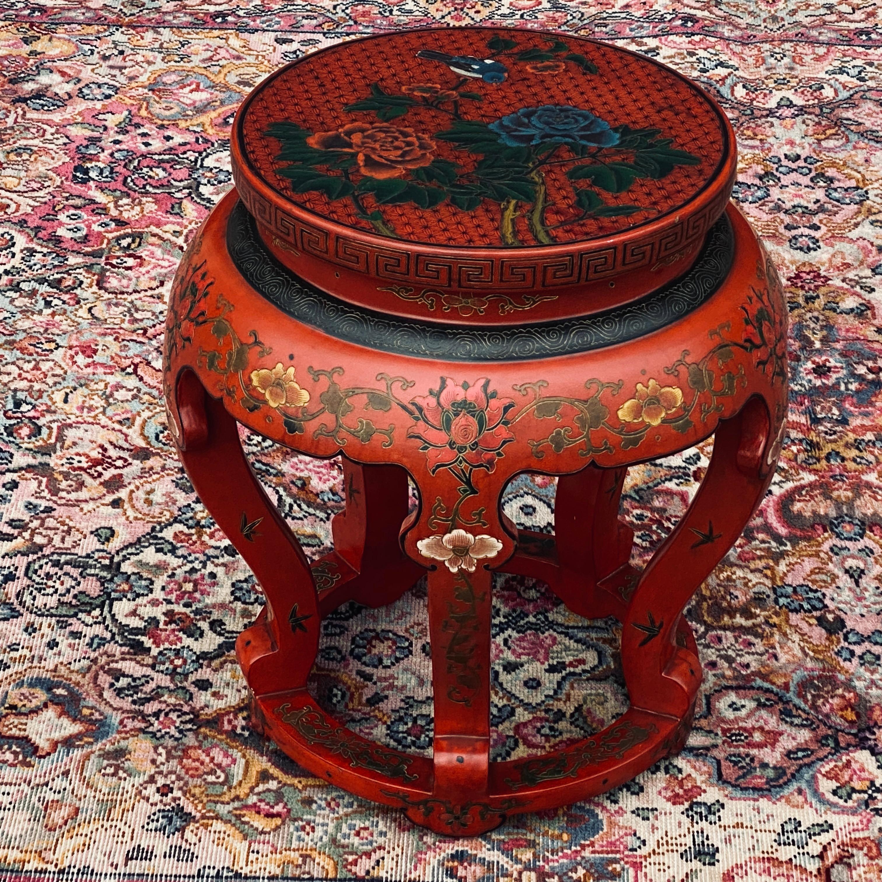 20th Century Vintage Red Lacquered Chinese Stool or Side Table