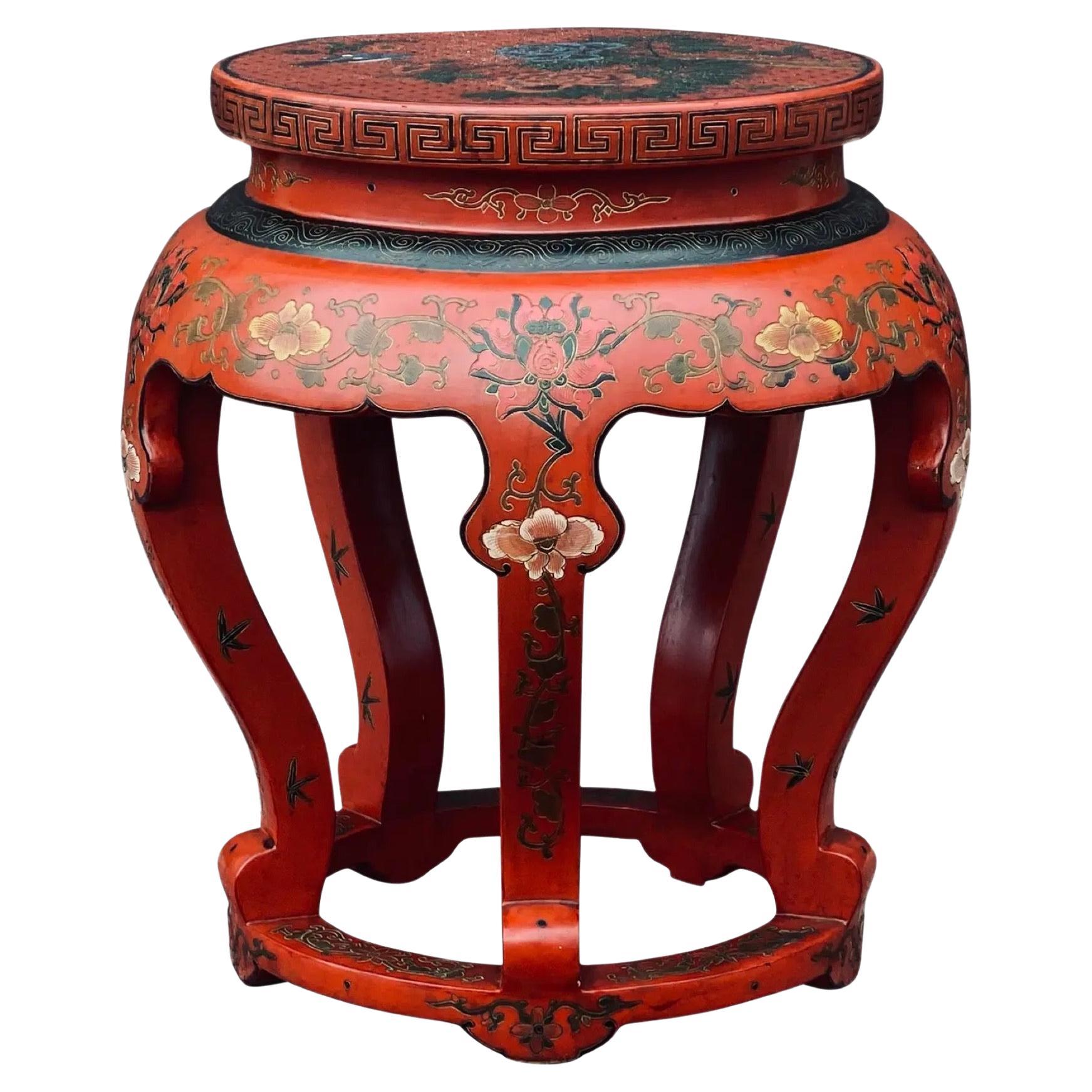 Vintage Red Lacquered Chinese Stool or Side Table