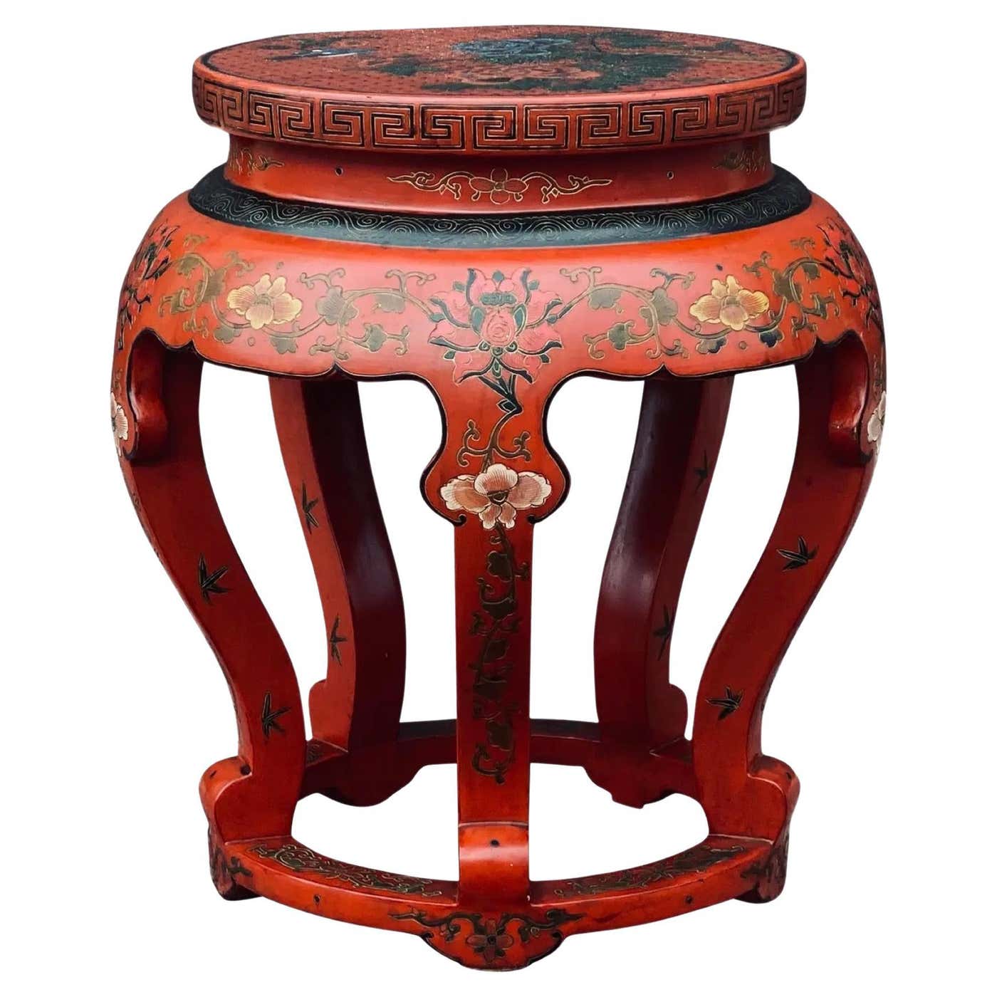 Asian Stool Vintage Red Lacquered Chinese Stool or Side Table For Sale at 1stDibs