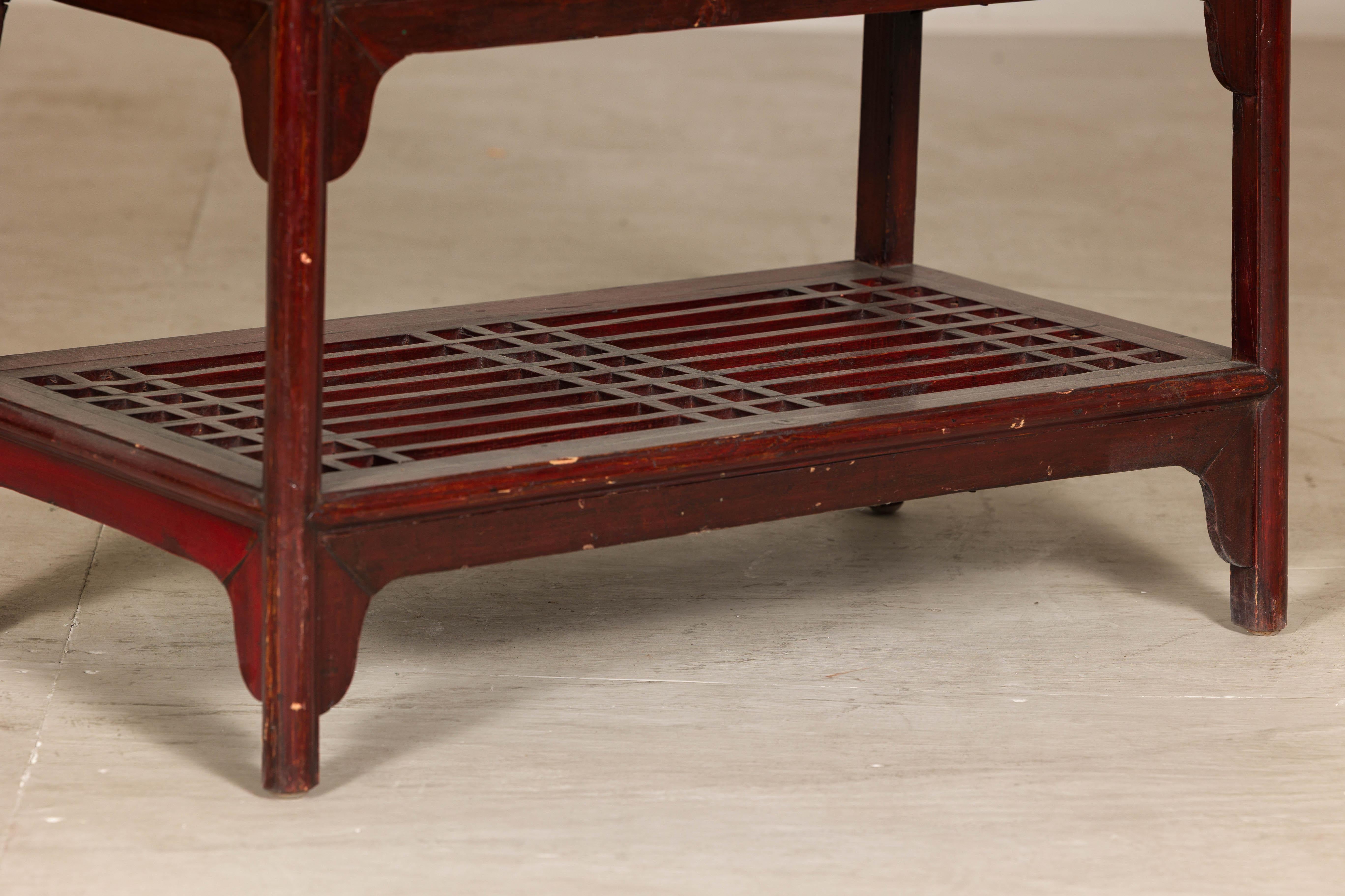 Vintage Red Lacquered Console Table with Drawers and Fretwork Shelf For Sale 5
