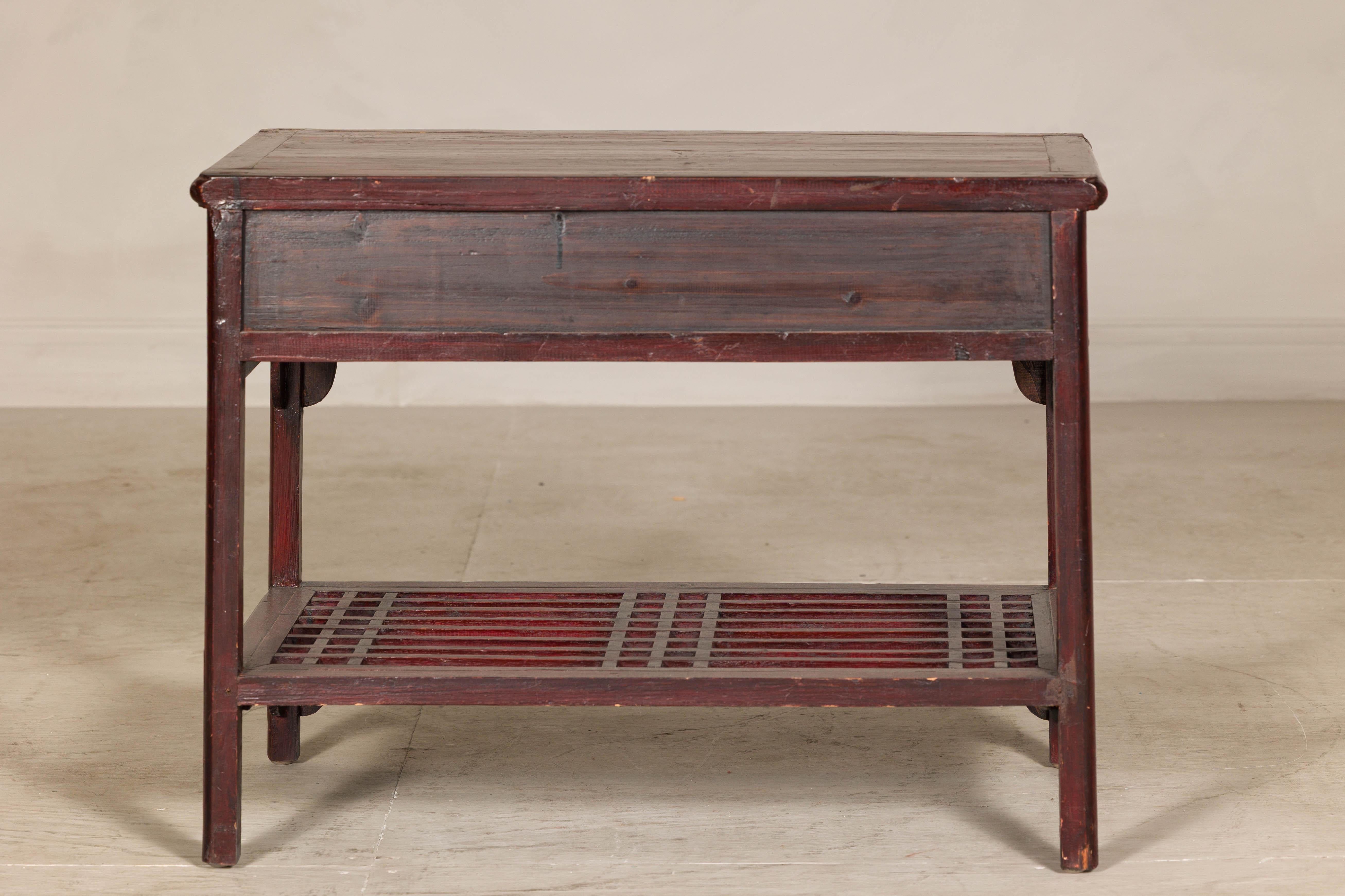 Vintage Red Lacquered Console Table with Drawers and Fretwork Shelf For Sale 6