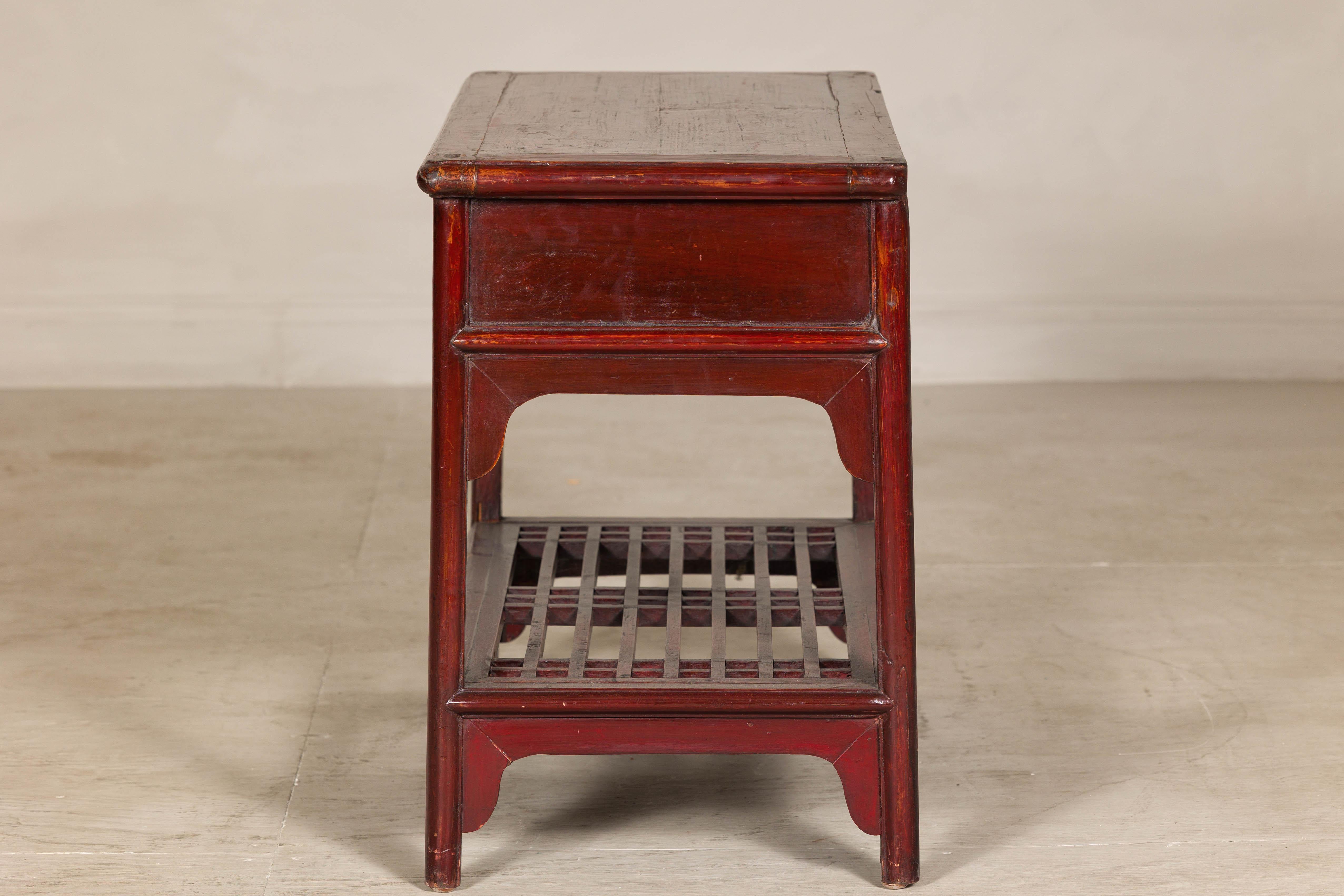 Vintage Red Lacquered Console Table with Drawers and Fretwork Shelf For Sale 7