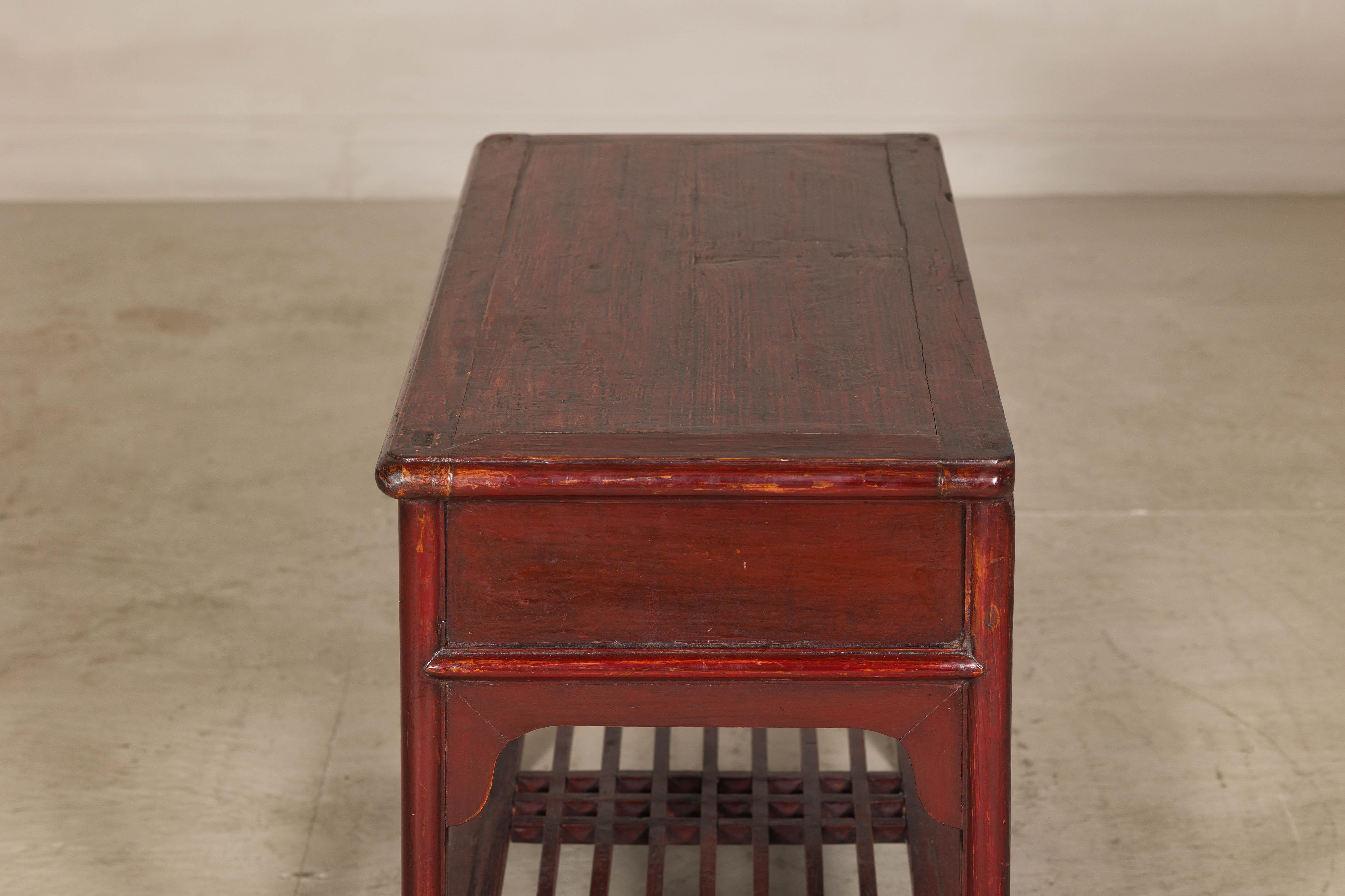 Vintage Red Lacquered Console Table with Drawers and Fretwork Shelf For Sale 8