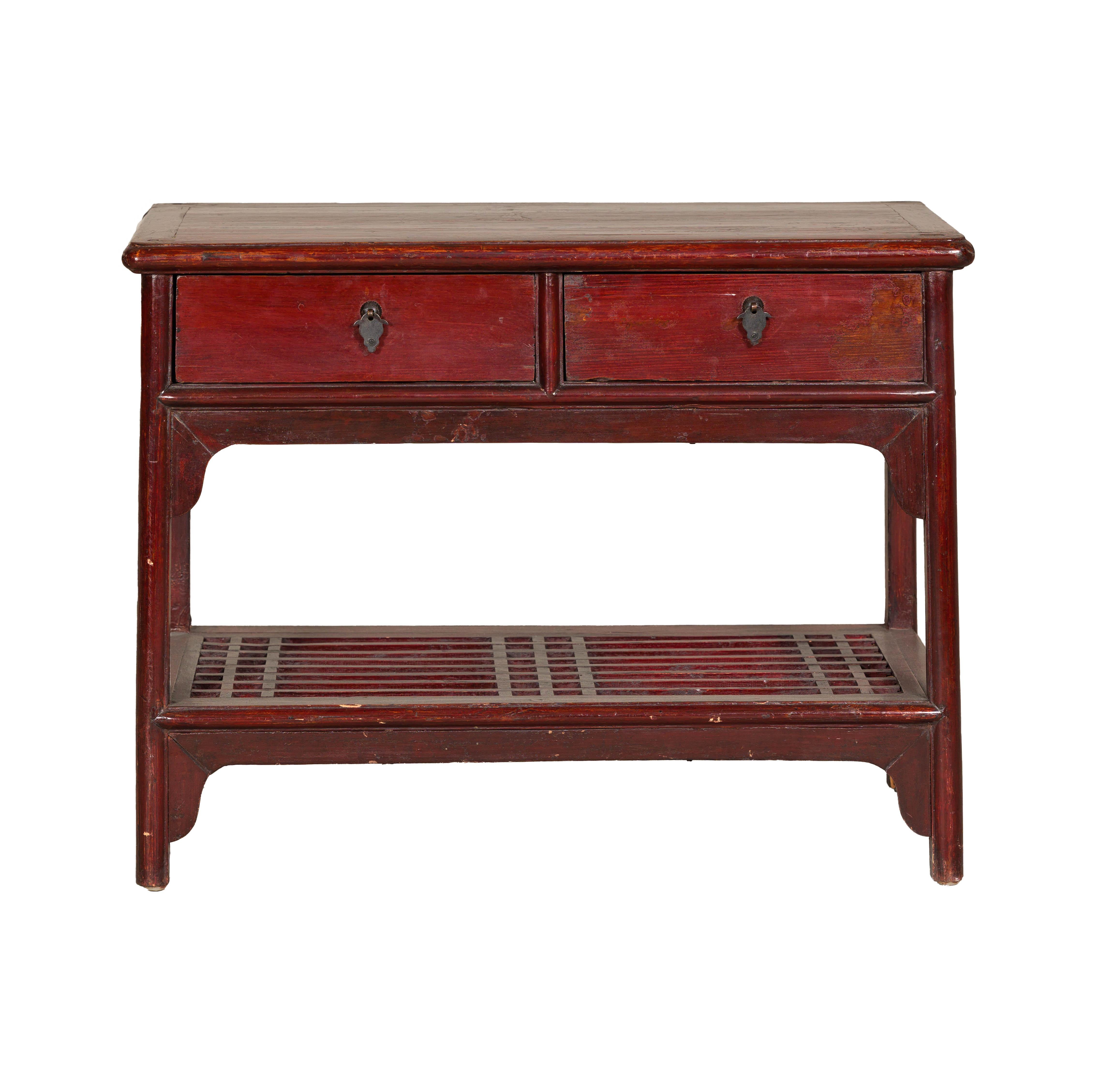 Vintage Red Lacquered Console Table with Drawers and Fretwork Shelf For Sale 9