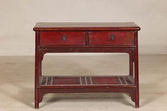 Vintage Red Lacquered Console Table with Drawers and Fretwork Shelf