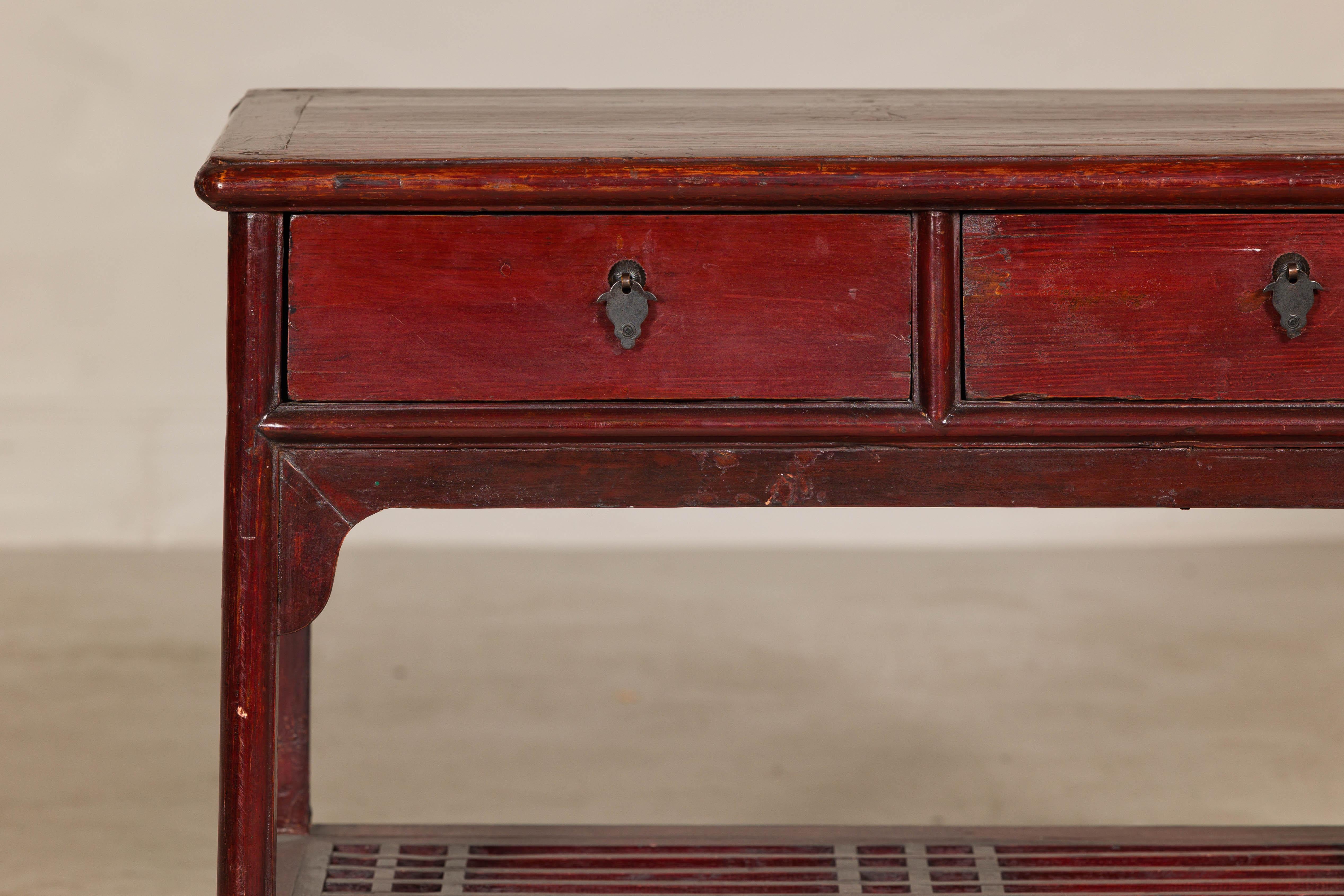 Chinese Vintage Red Lacquered Console Table with Drawers and Fretwork Shelf For Sale