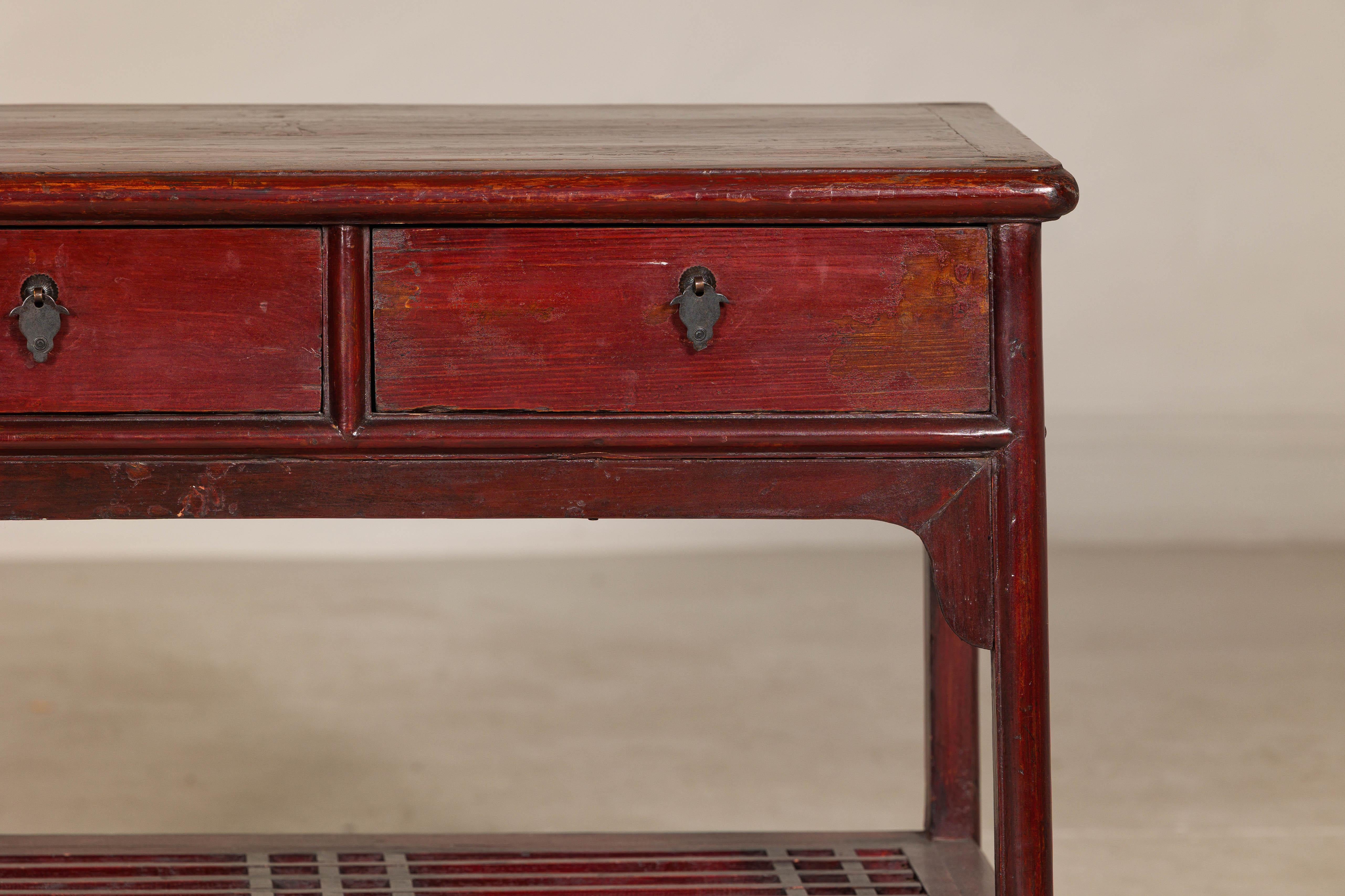 Vintage Red Lacquered Console Table with Drawers and Fretwork Shelf In Good Condition For Sale In Yonkers, NY