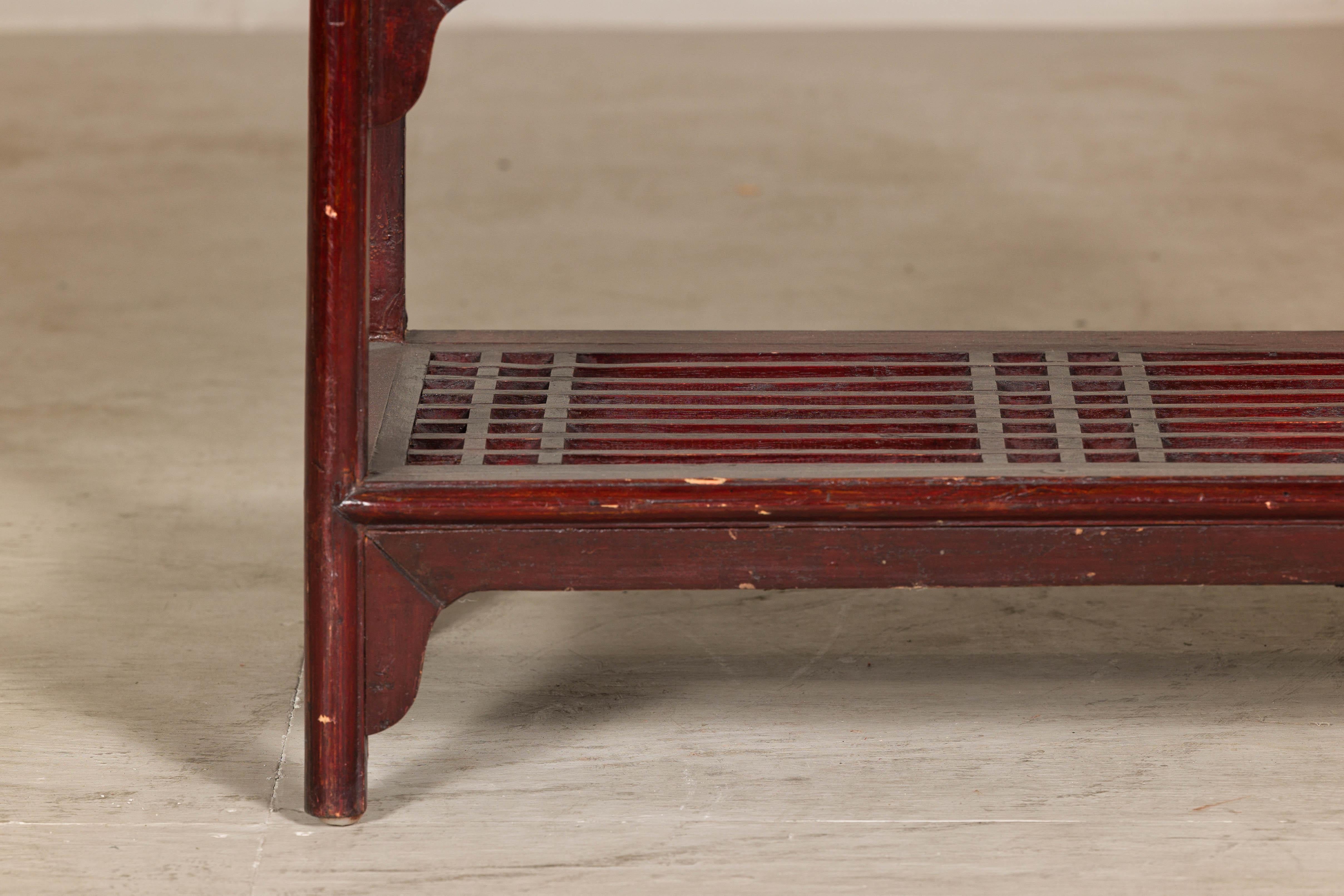 20th Century Vintage Red Lacquered Console Table with Drawers and Fretwork Shelf For Sale