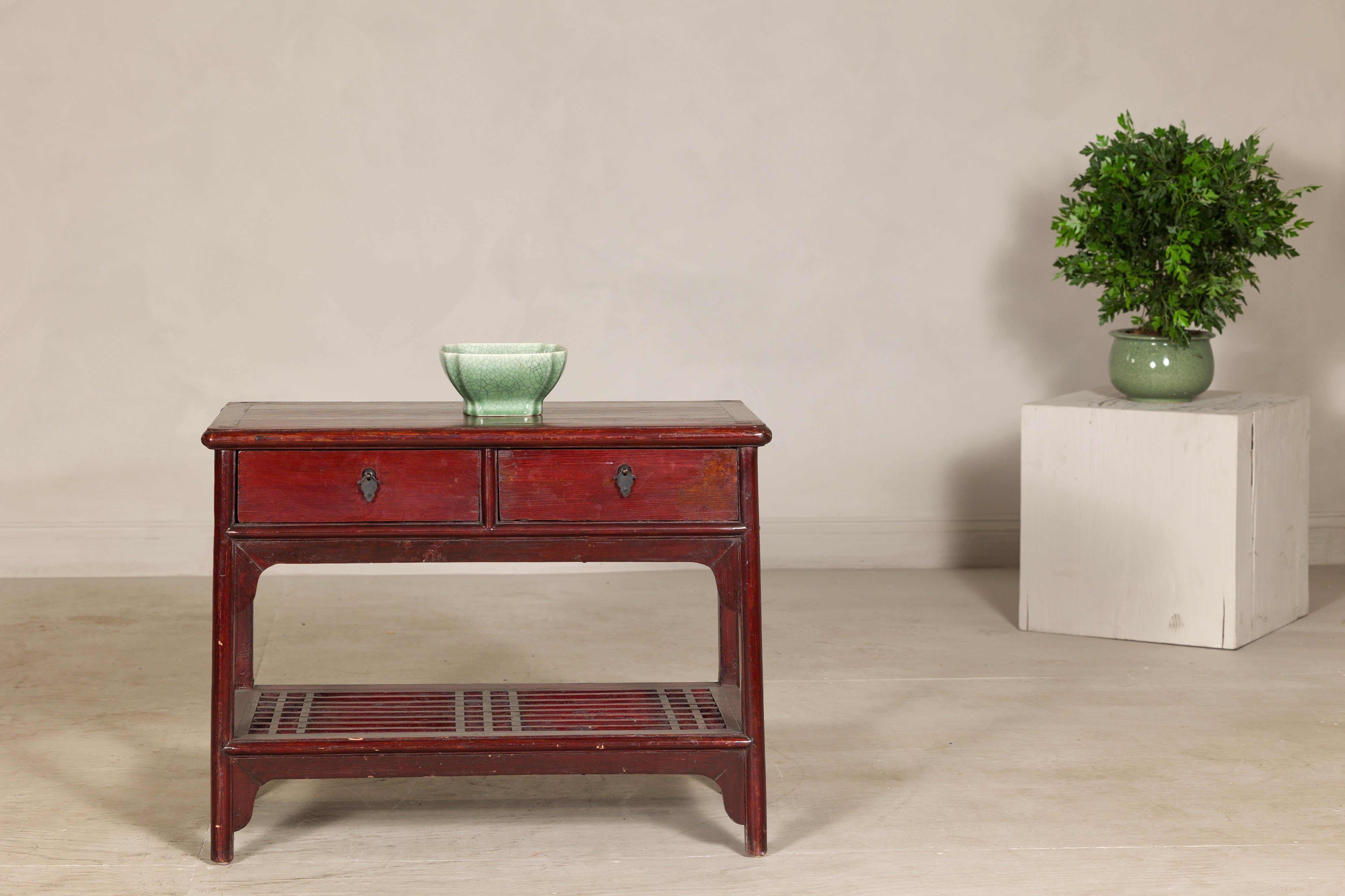 Vintage Red Lacquered Console Table with Drawers and Fretwork Shelf For Sale 1