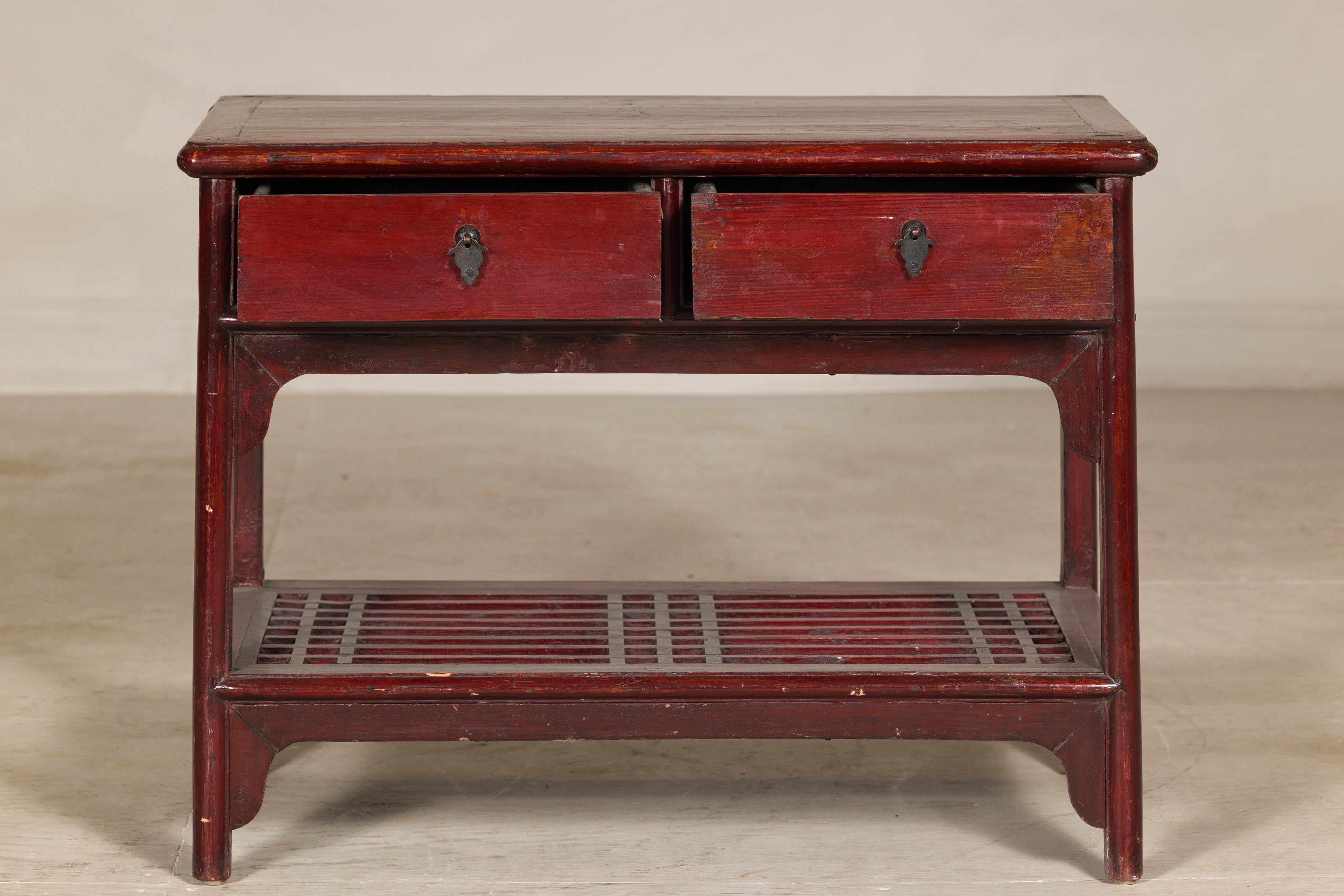 Vintage Red Lacquered Console Table with Drawers and Fretwork Shelf For Sale 2