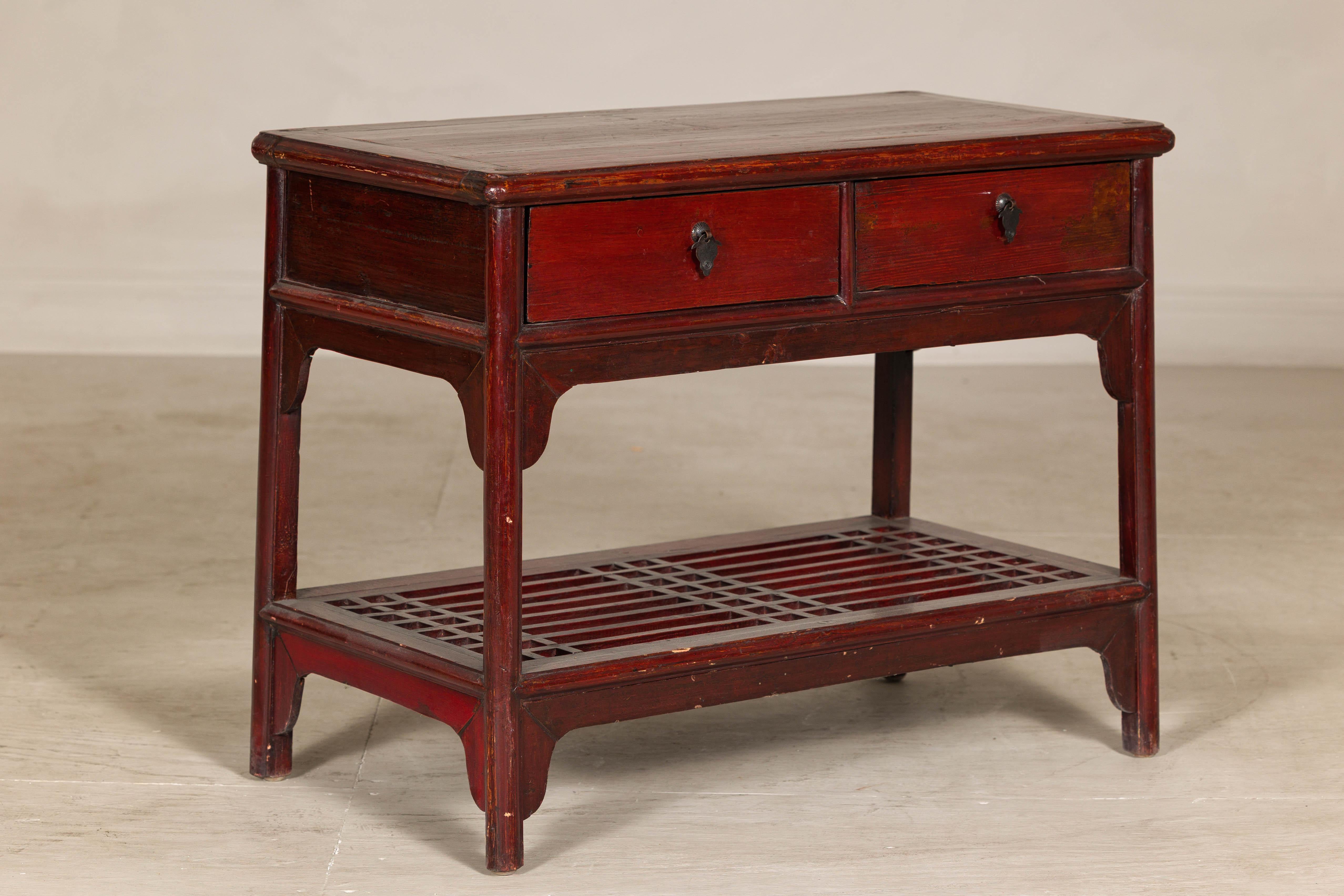 Vintage Red Lacquered Console Table with Drawers and Fretwork Shelf For Sale 3