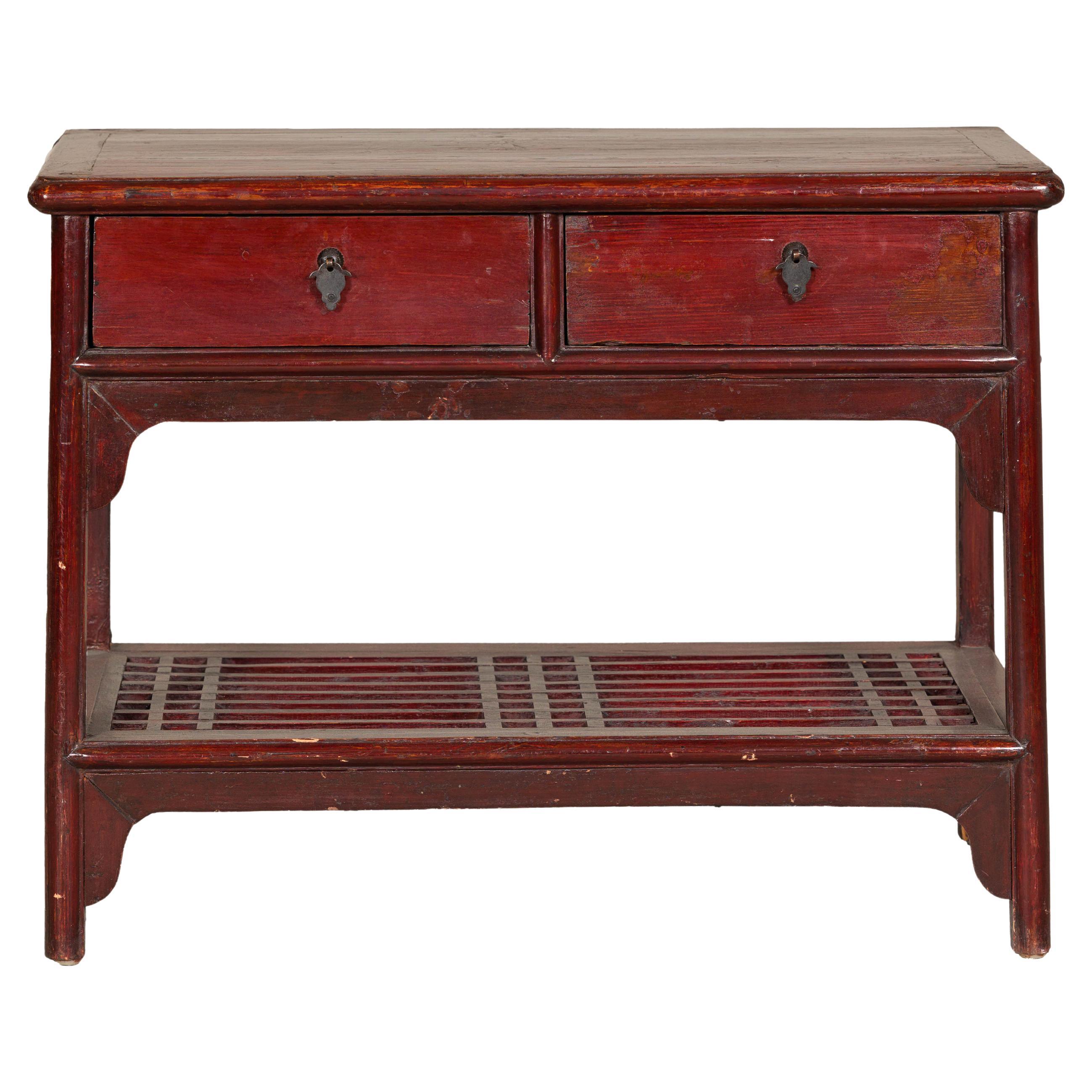 Vintage Red Lacquered Console Table with Drawers and Fretwork Shelf For Sale