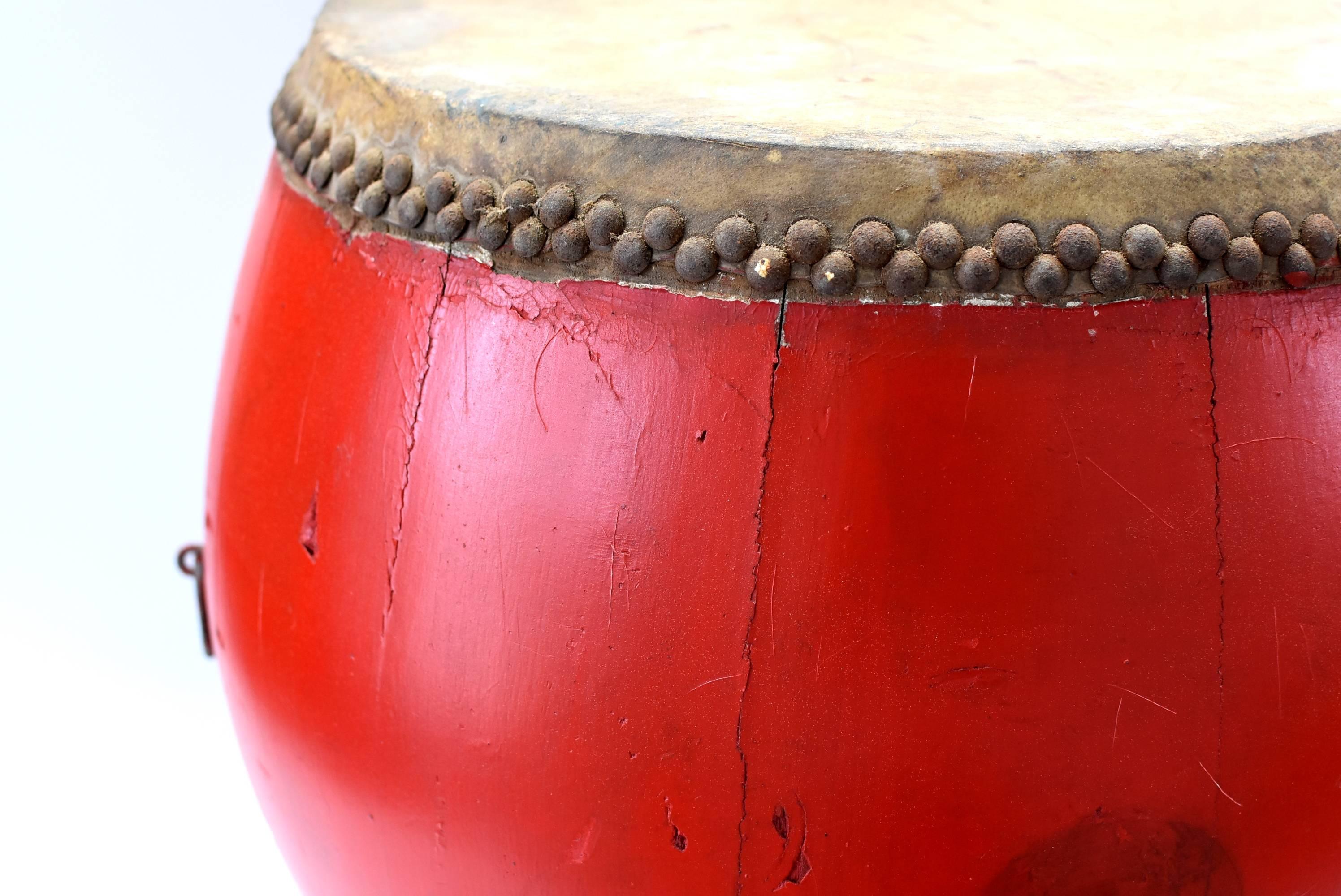 Chinese Vintage Red Lacquered Drum, Maker's Mark