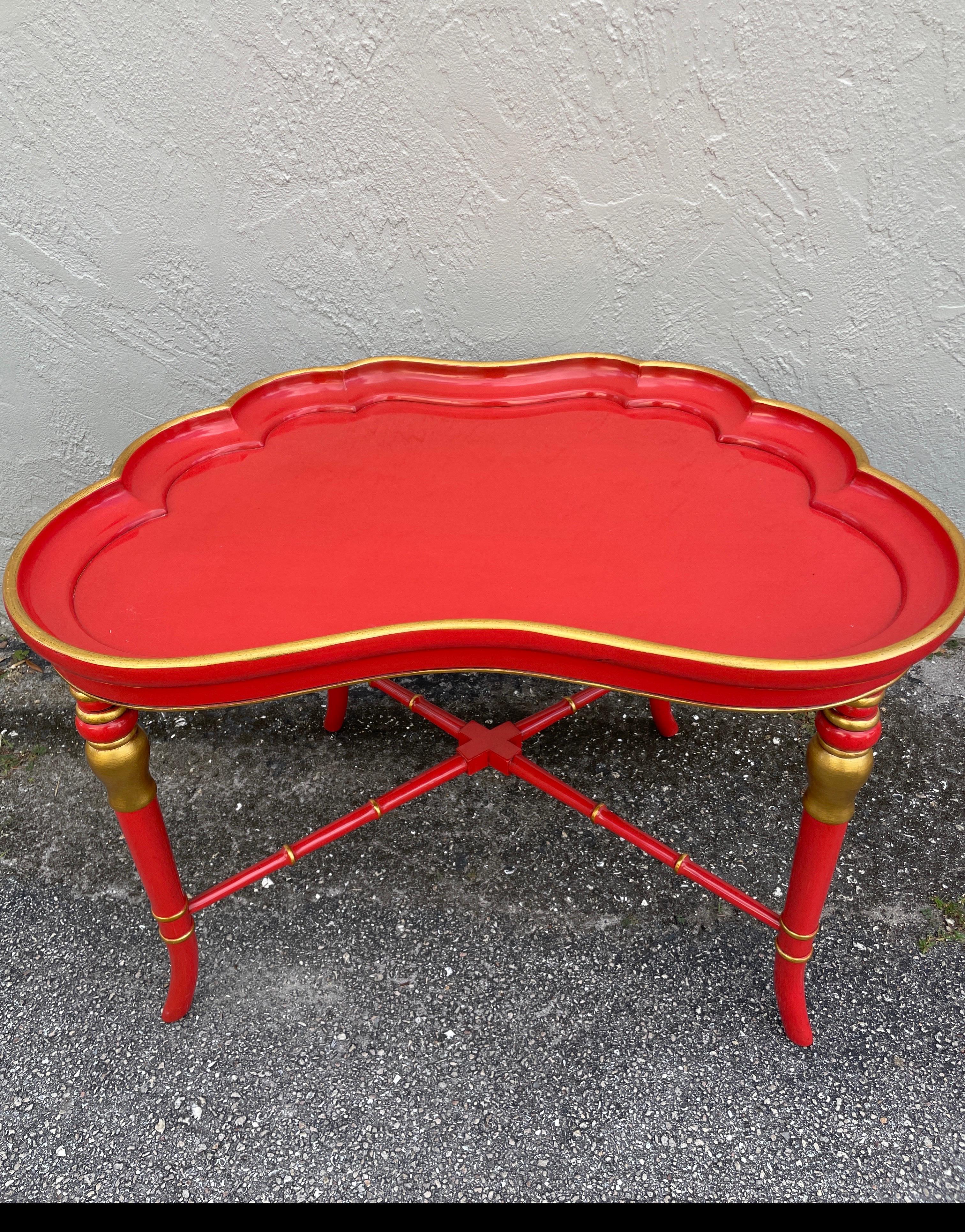 Wood Vintage Red Lacquered Kidney Shaped Cocktail Table by Karges