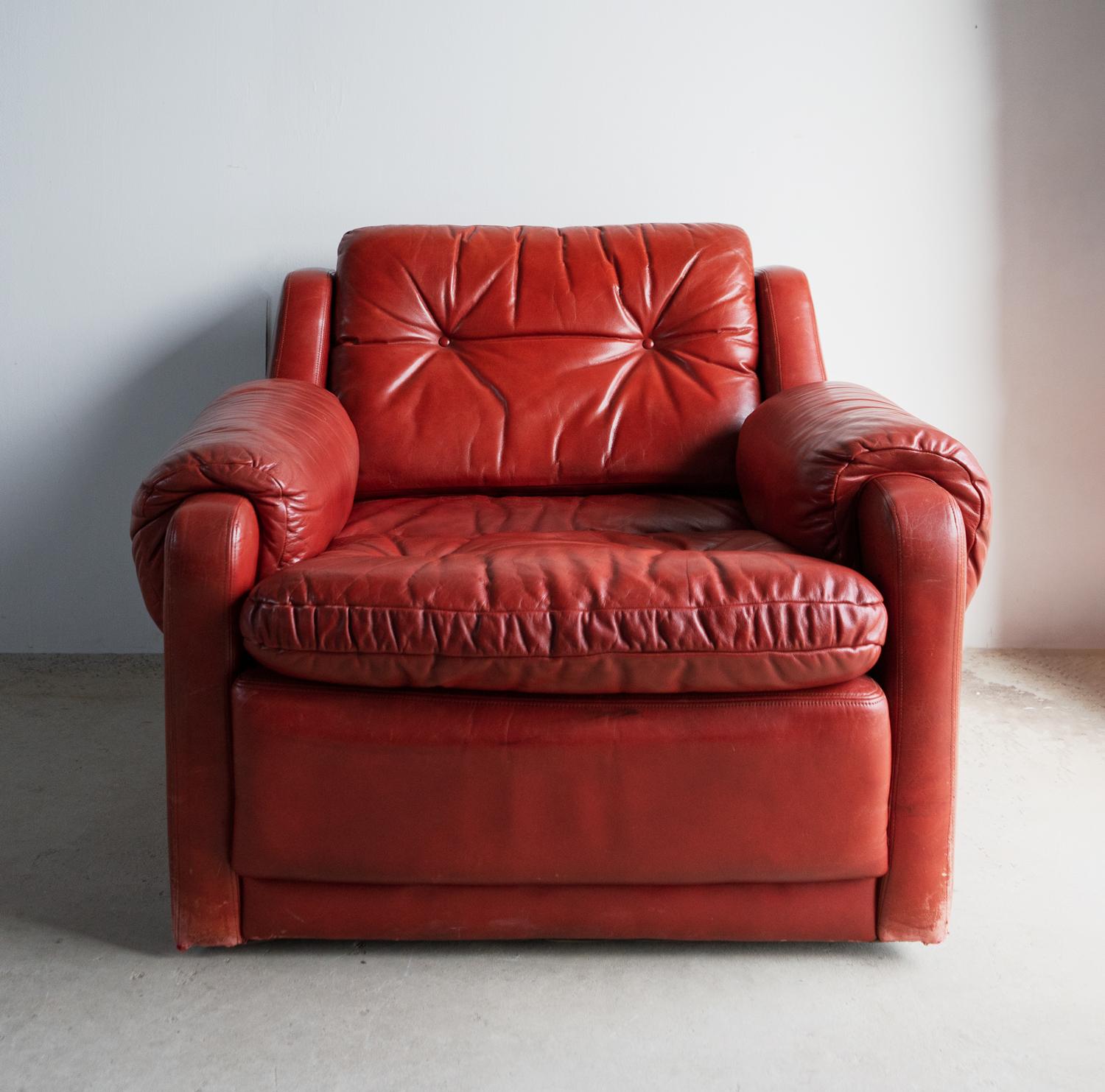 Mid-Century Modern Vintage Red Leather Armchair And Footstool, Mid 20th Century Chair For Sale