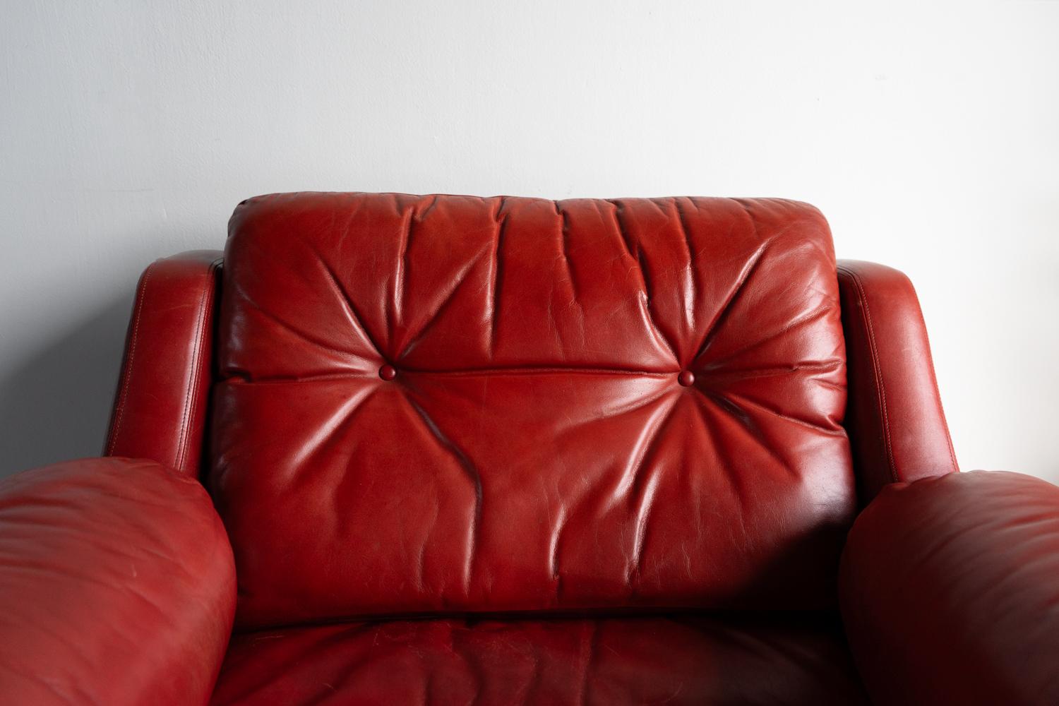 European Vintage Red Leather Armchair And Footstool, Mid 20th Century Chair For Sale