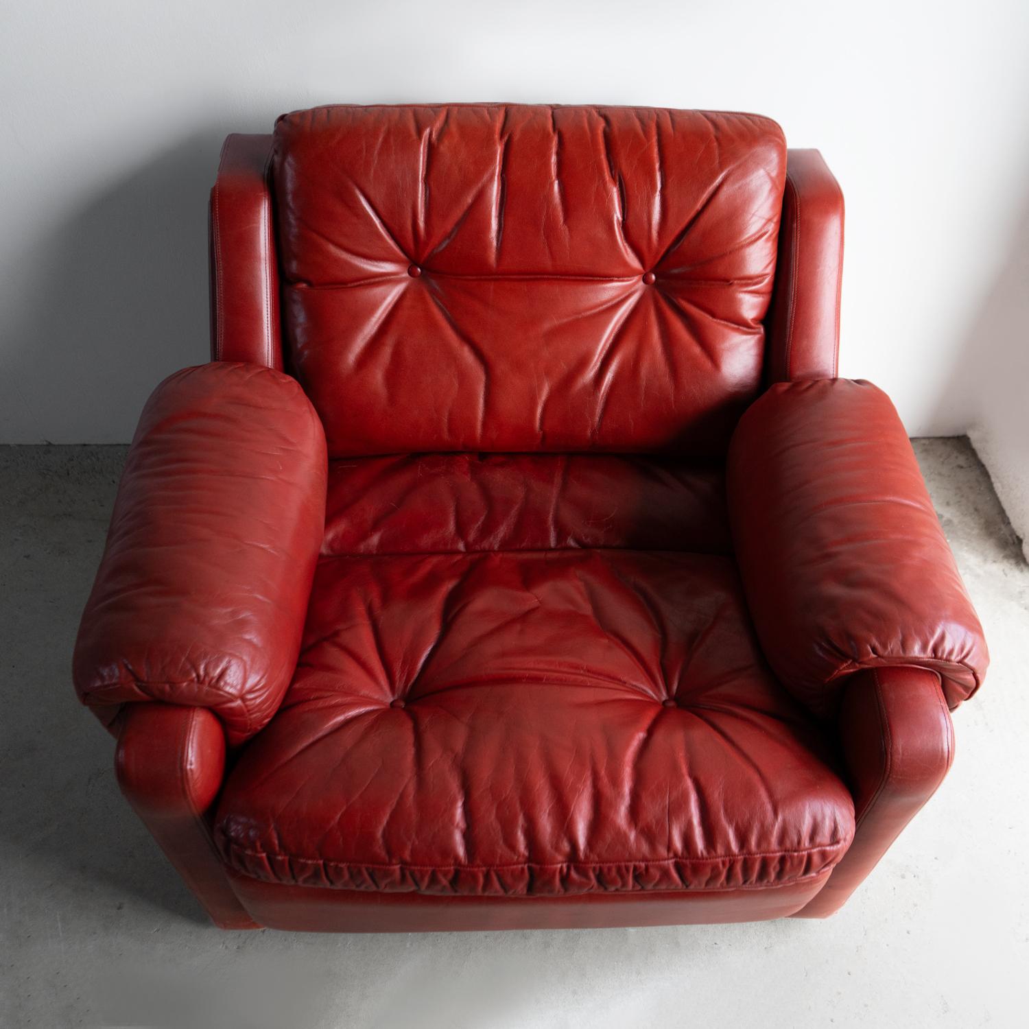 Hand-Crafted Vintage Red Leather Armchair And Footstool, Mid 20th Century Chair For Sale