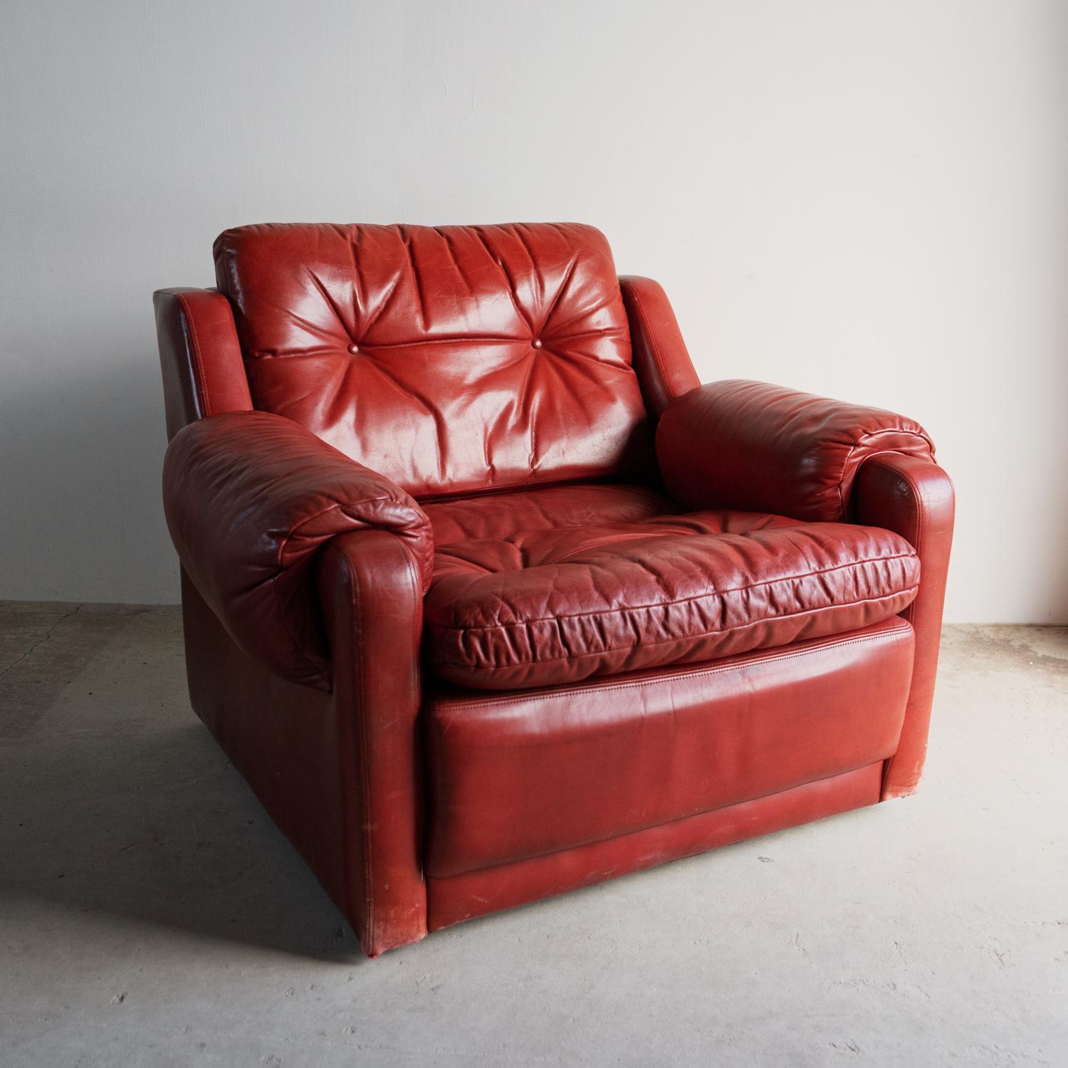 Vintage Red Leather Armchair And Footstool, Mid 20th Century Chair In Good Condition For Sale In Bristol, GB