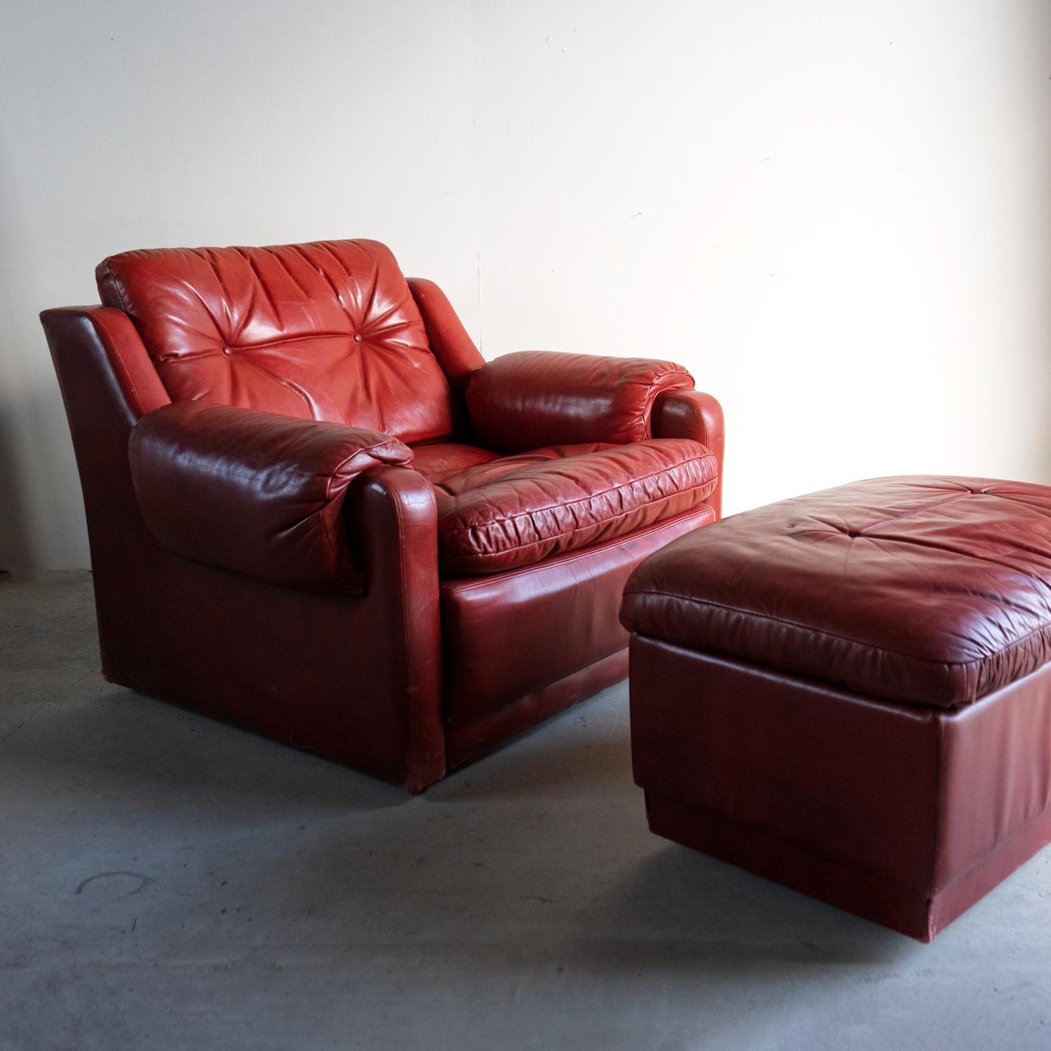Vintage Red Leather Armchair And Footstool, Mid 20th Century Chair For Sale 1
