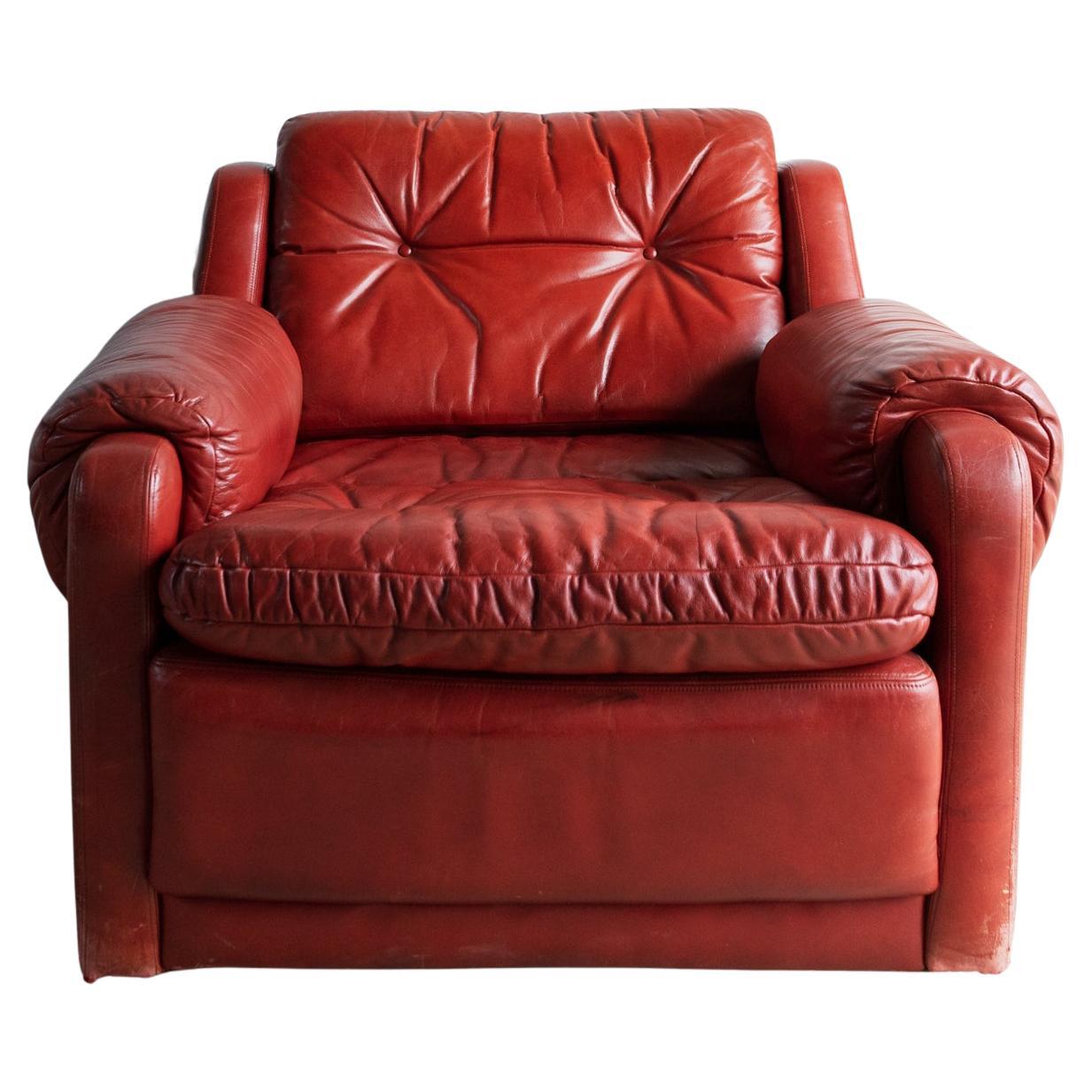 Vintage Red Leather Armchair And Footstool, Mid 20th Century Chair