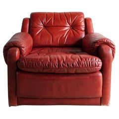 Vintage Red Leather Armchair And Footstool, Mid 20th Century Chair