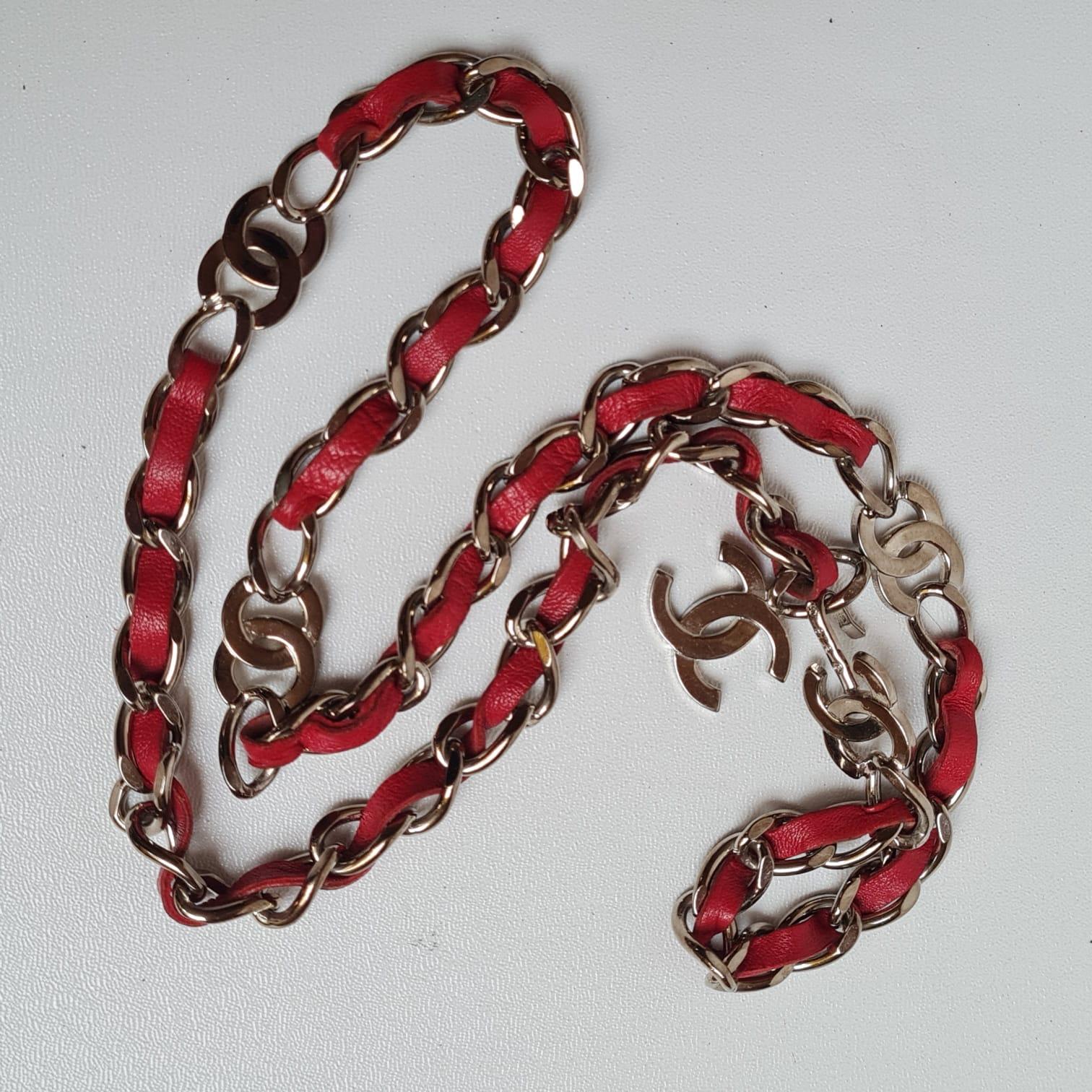 Brown Vintage Red Leather Chain Entwined CC Logo Single Chain Belt For Sale