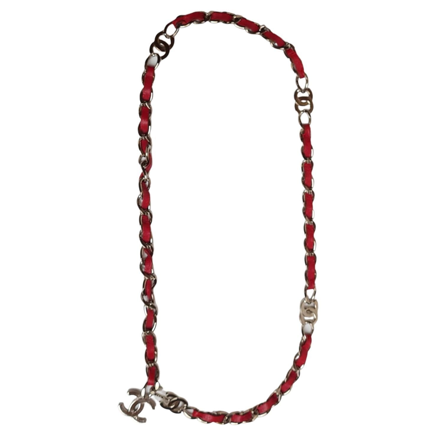 Vintage Red Leather Chain Entwined CC Logo Single Chain Belt