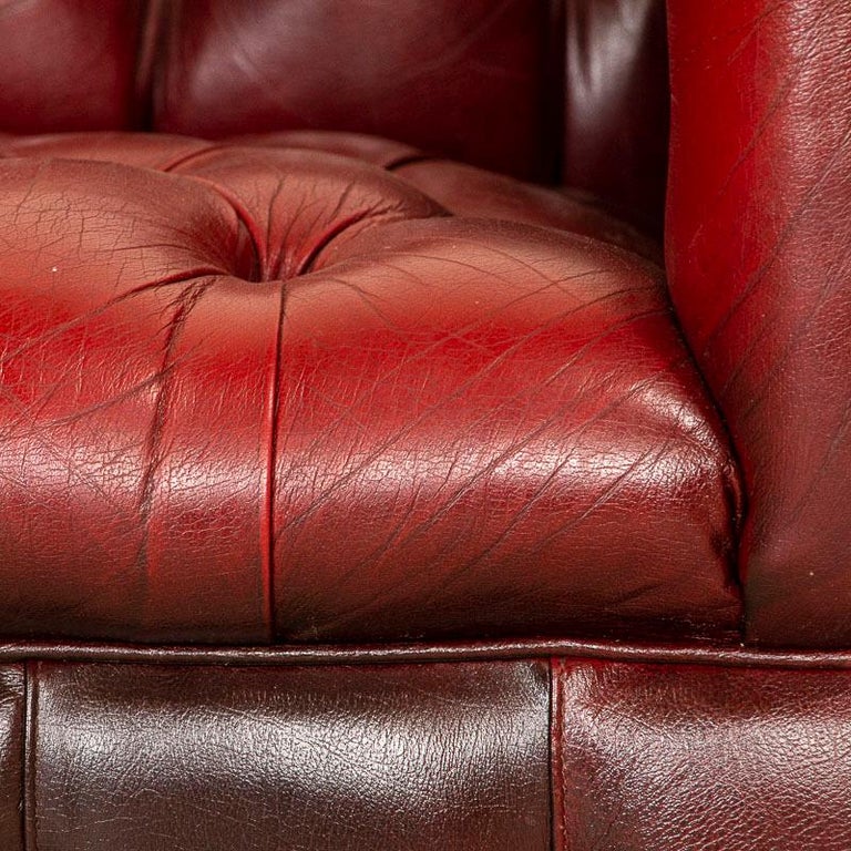 Vintage Red Leather Chesterfield Sofa and Club Chair, England at
