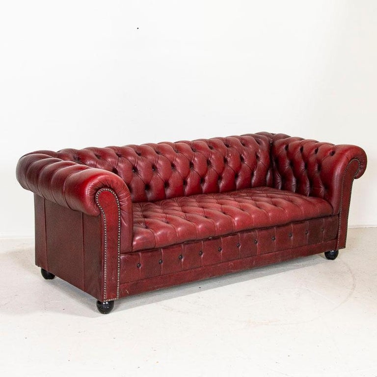 Vintage Red Leather Chesterfield Sofa and Club Chair, England at