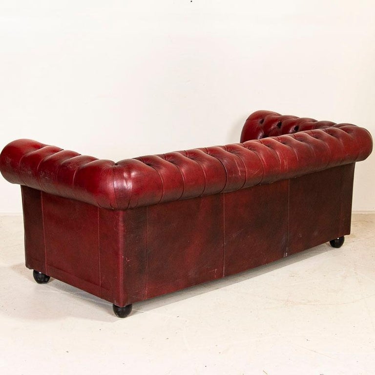 Vintage Red Leather Chesterfield Sofa and Club Chair, England at