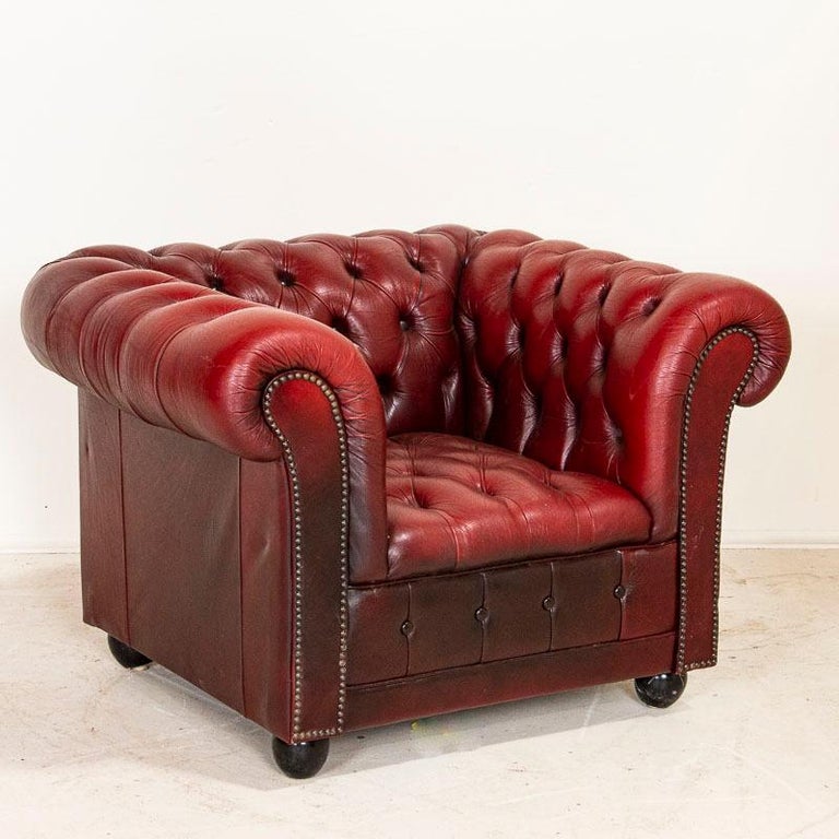 Vintage Red Leather Chesterfield Sofa and Club Chair, England at