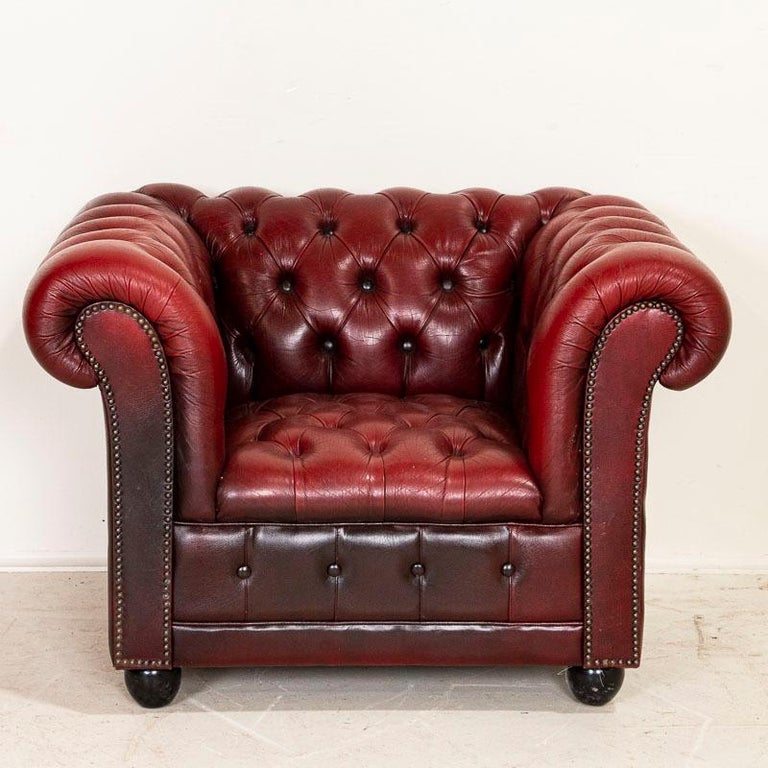Vintage Red Leather Chesterfield Sofa and Club Chair, England at