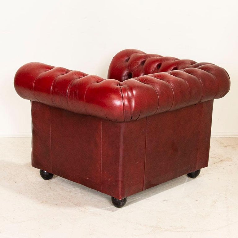 Vintage Red Leather Chesterfield Sofa and Club Chair, England at