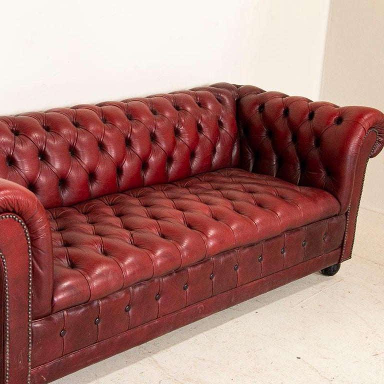Vintage Red Leather Chesterfield Sofa and Club Chair, England at
