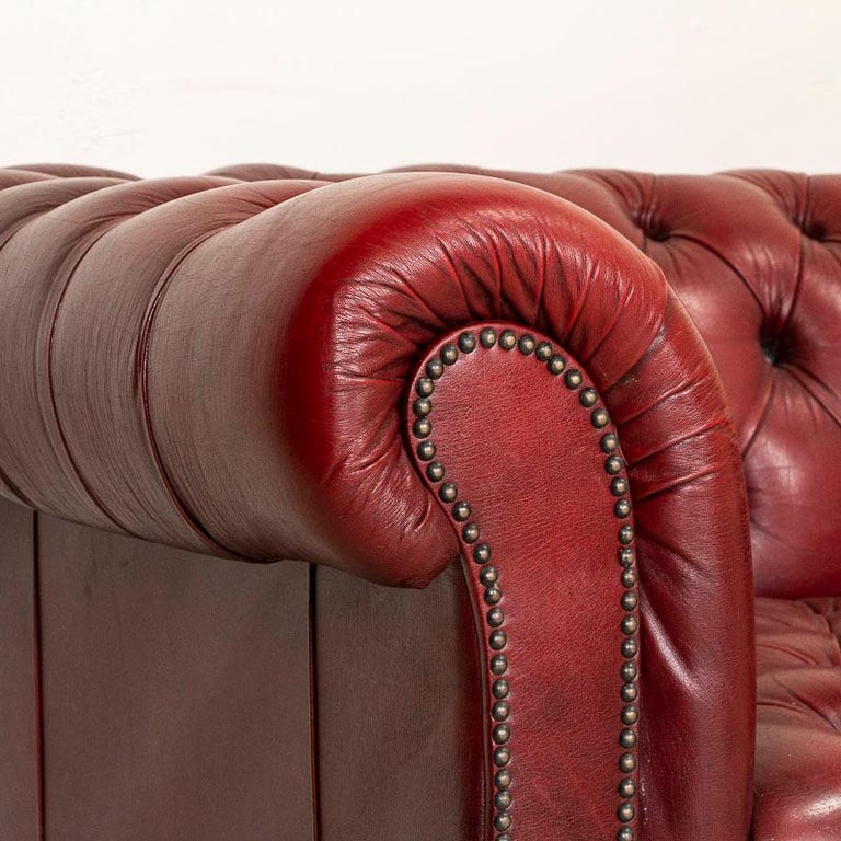 Vintage Red Leather Chesterfield Sofa and Club Chair, England at